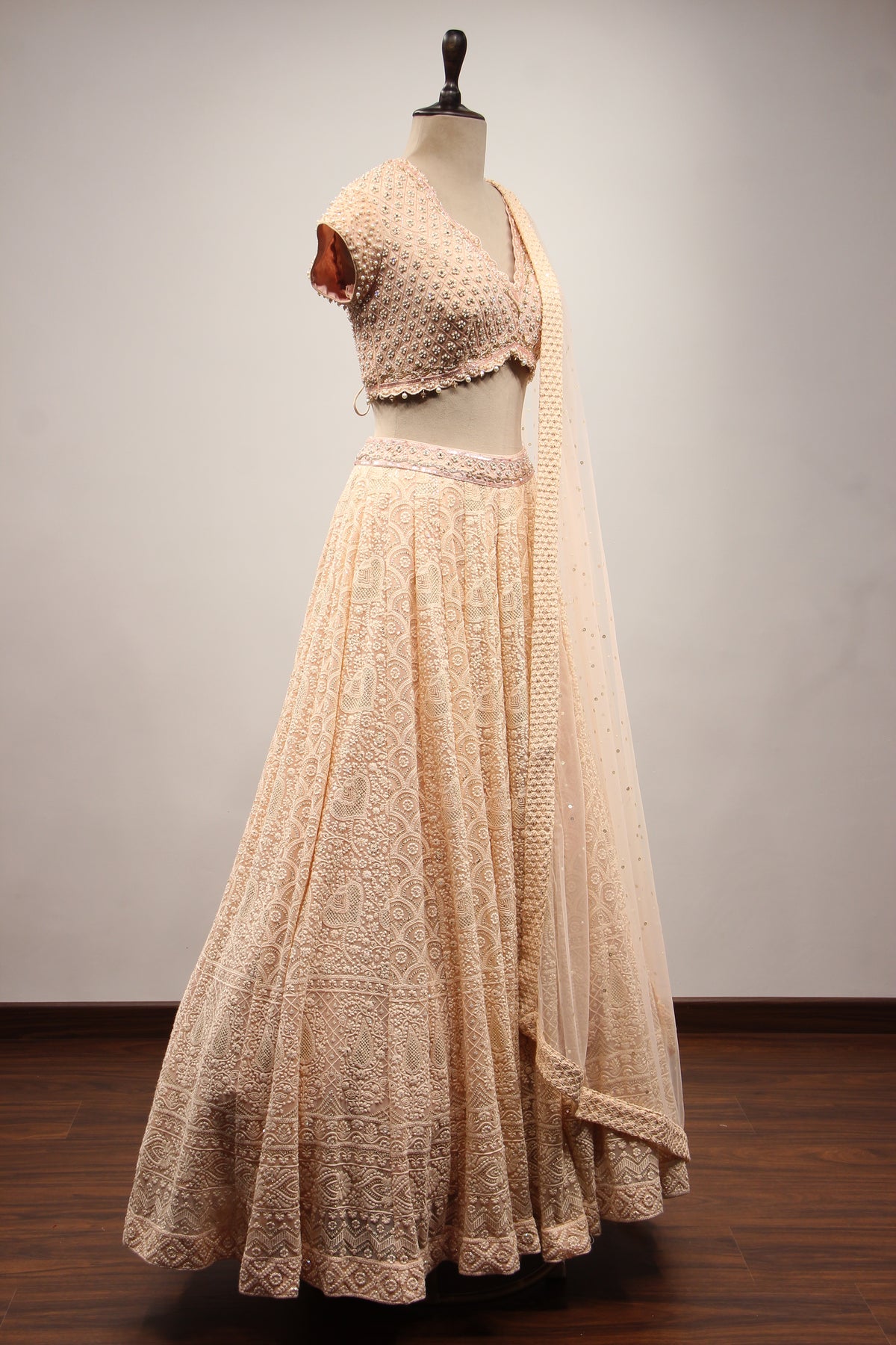 Peach Lucknavi Lehenga with Bead & Pearl Handwork Crop Top