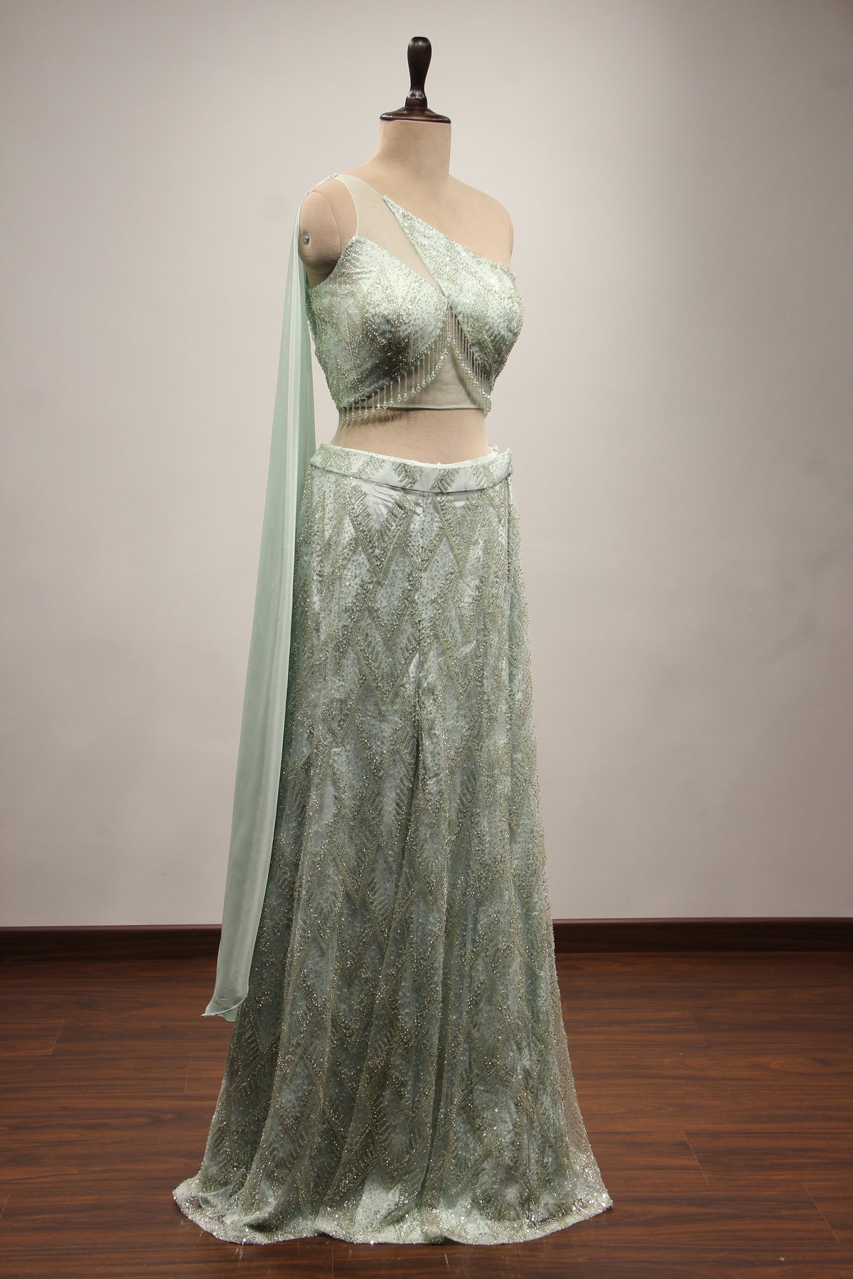 Imported Indo Western Palazzo with Sequin & Cut Dana Handwork Crop Top in Blue – side view
