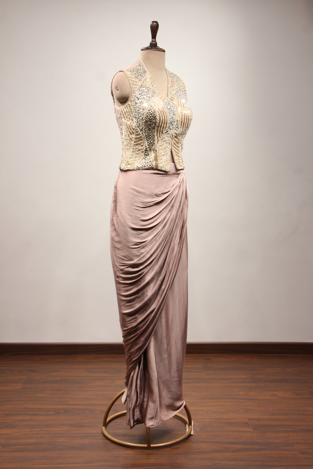 Rose Gold Crepe Long Top Indo Western with Mirror & Cut Dana Handwork – other side view