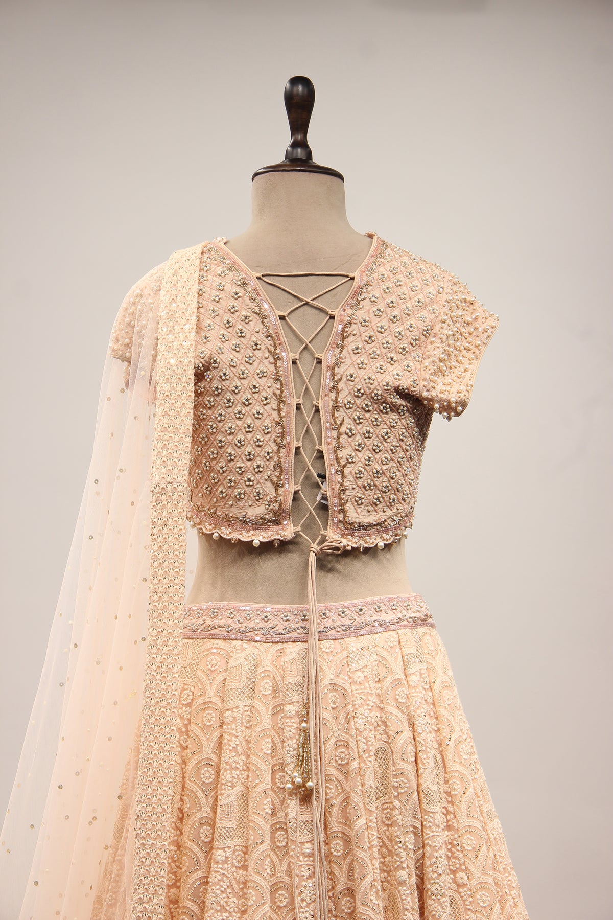 Peach Lucknavi Lehenga with Bead & Pearl Handwork Crop Top