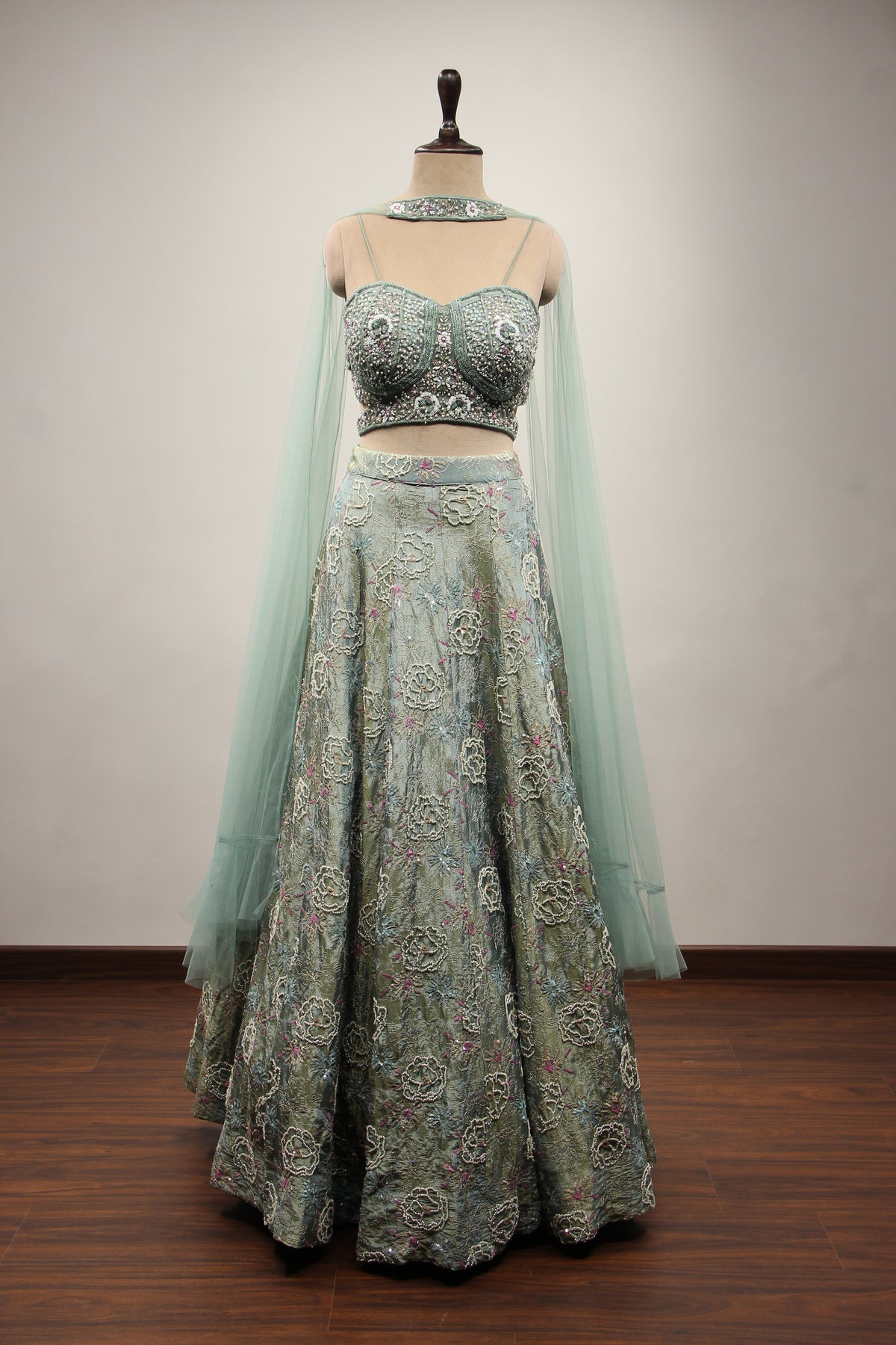 Sea Blue Tissue Lehenga with Pearl & Sequin Handwork Crop Top