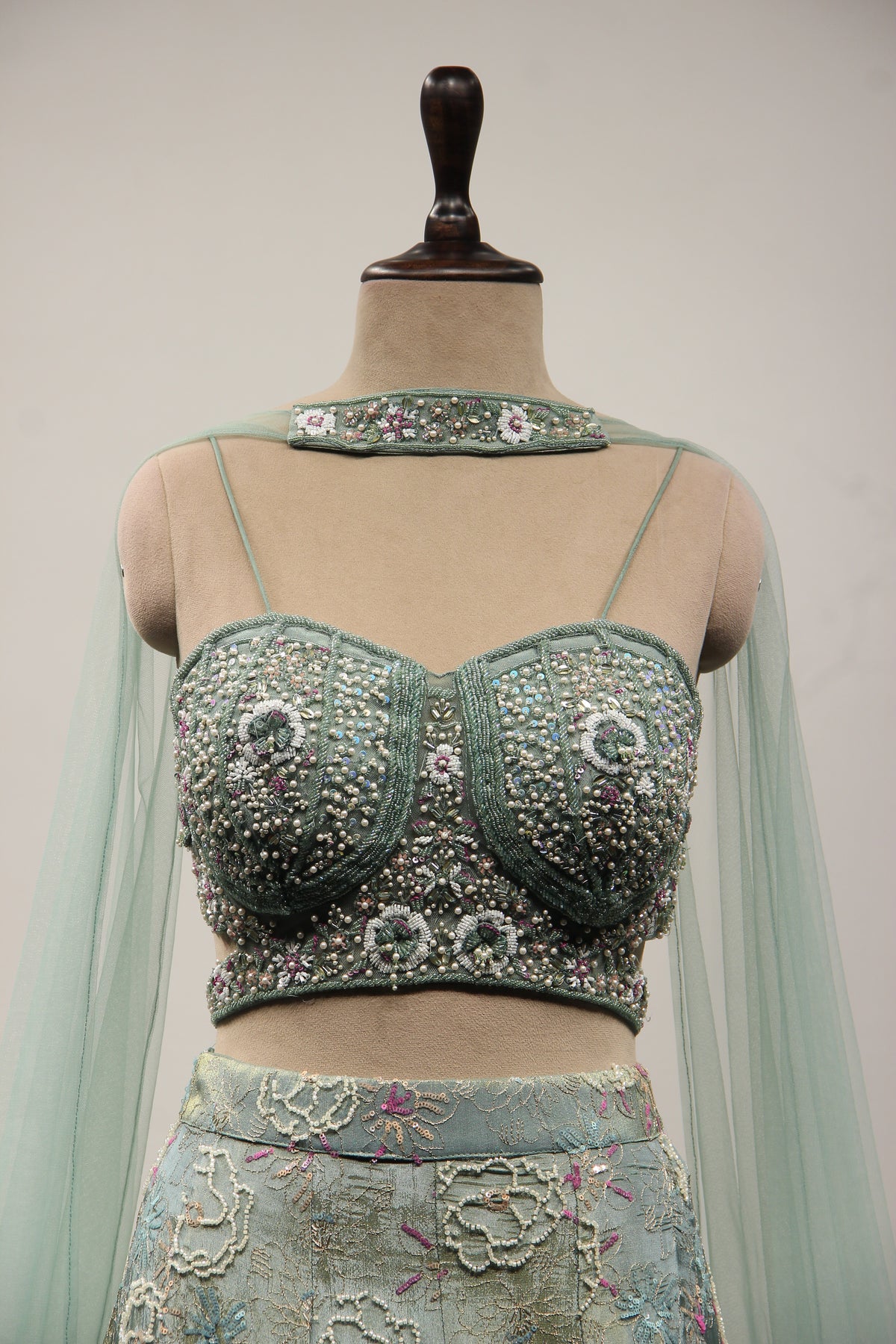 Sea Blue Tissue Lehenga with Pearl & Sequin Handwork Crop Top