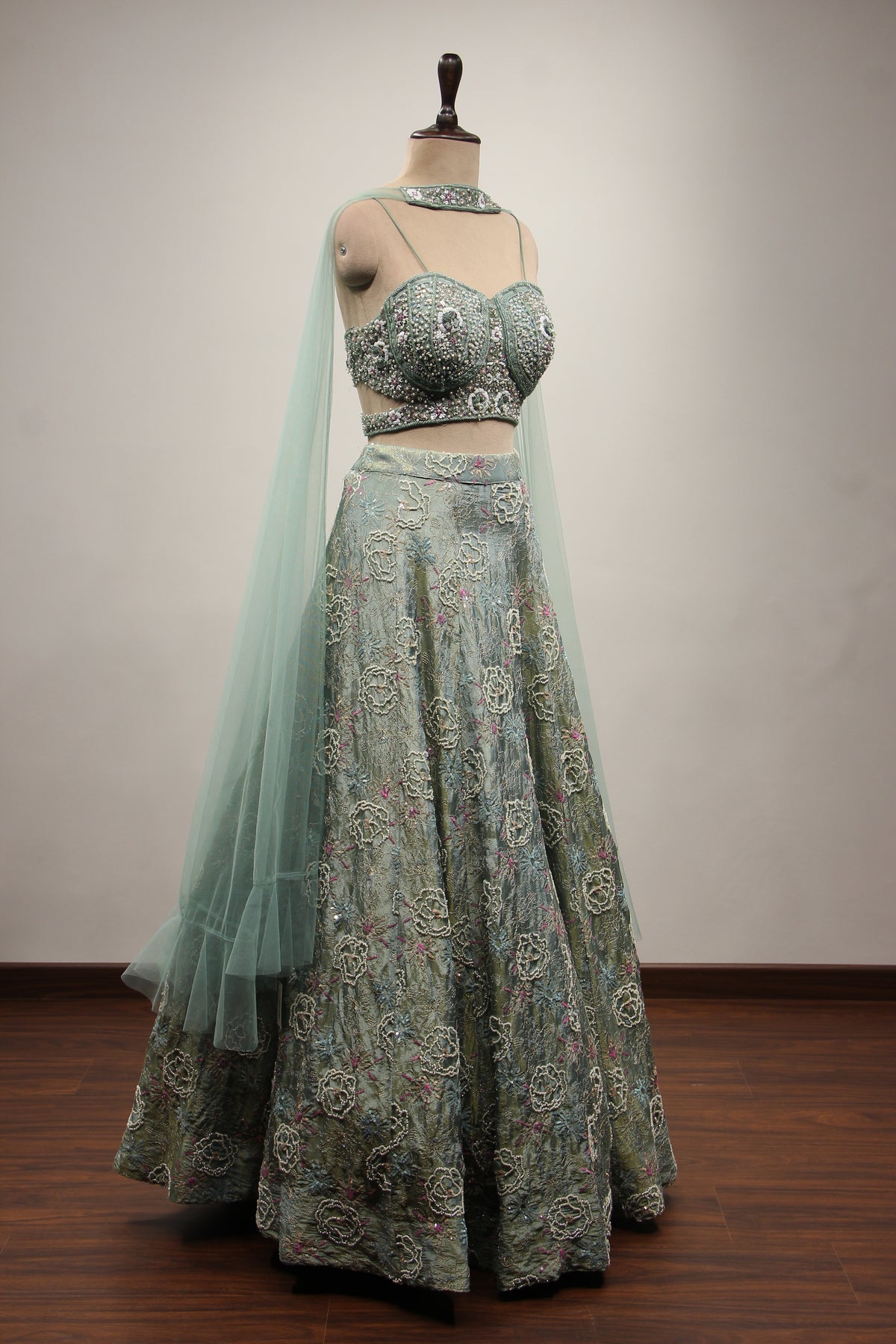 Sea Blue Tissue Lehenga with Pearl & Sequin Handwork Crop Top