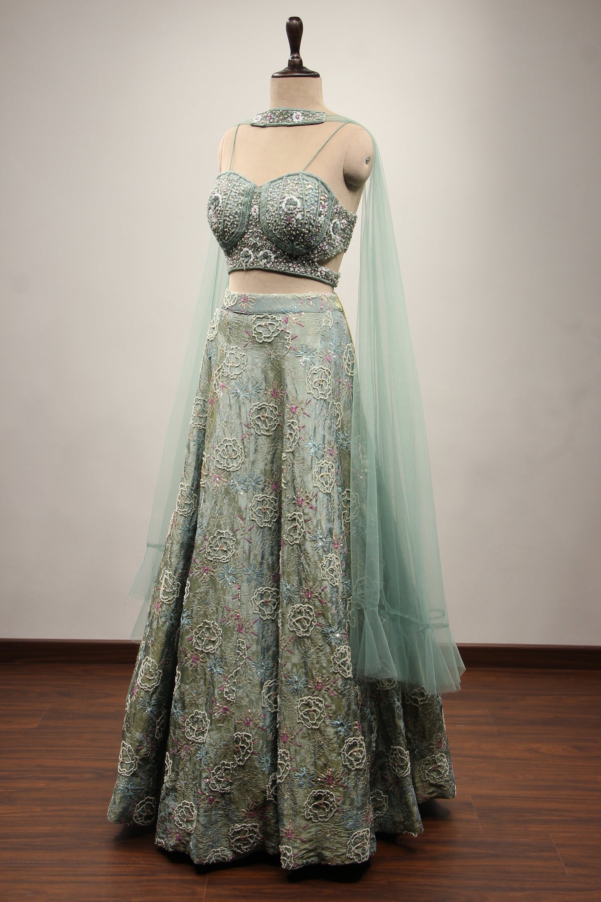 Sea Blue Tissue Lehenga with Pearl & Sequin Handwork Crop Top