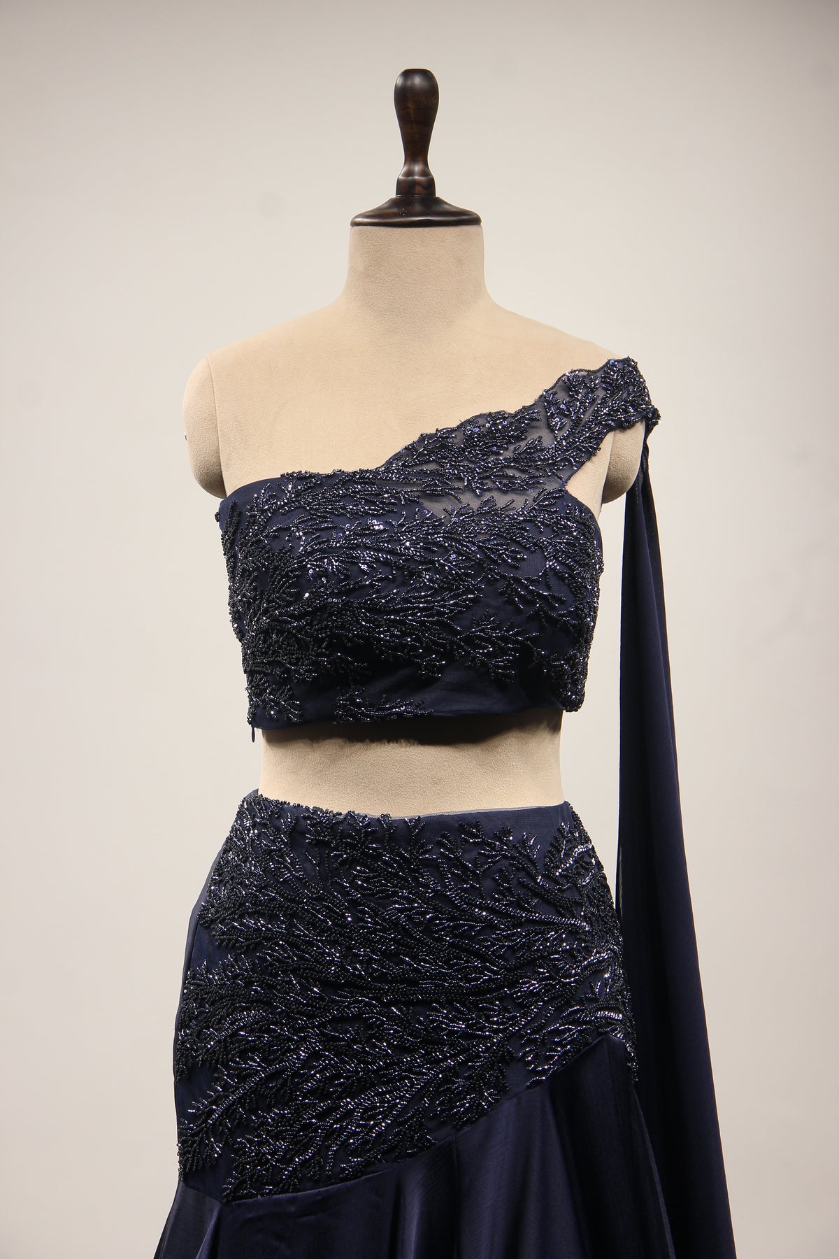 Navy Blue Crepe Lehenga with Off-Shoulder Cut Dana & Bead Handwork