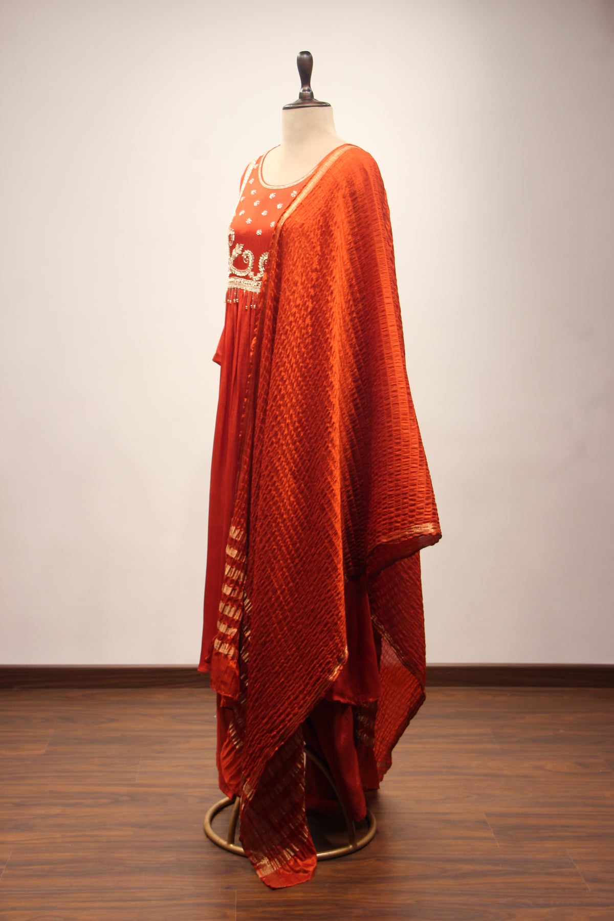 Crepe Short Anarkali Pant Suit with Cut Dana & Sequin Handwork Yoke in Orange – side view