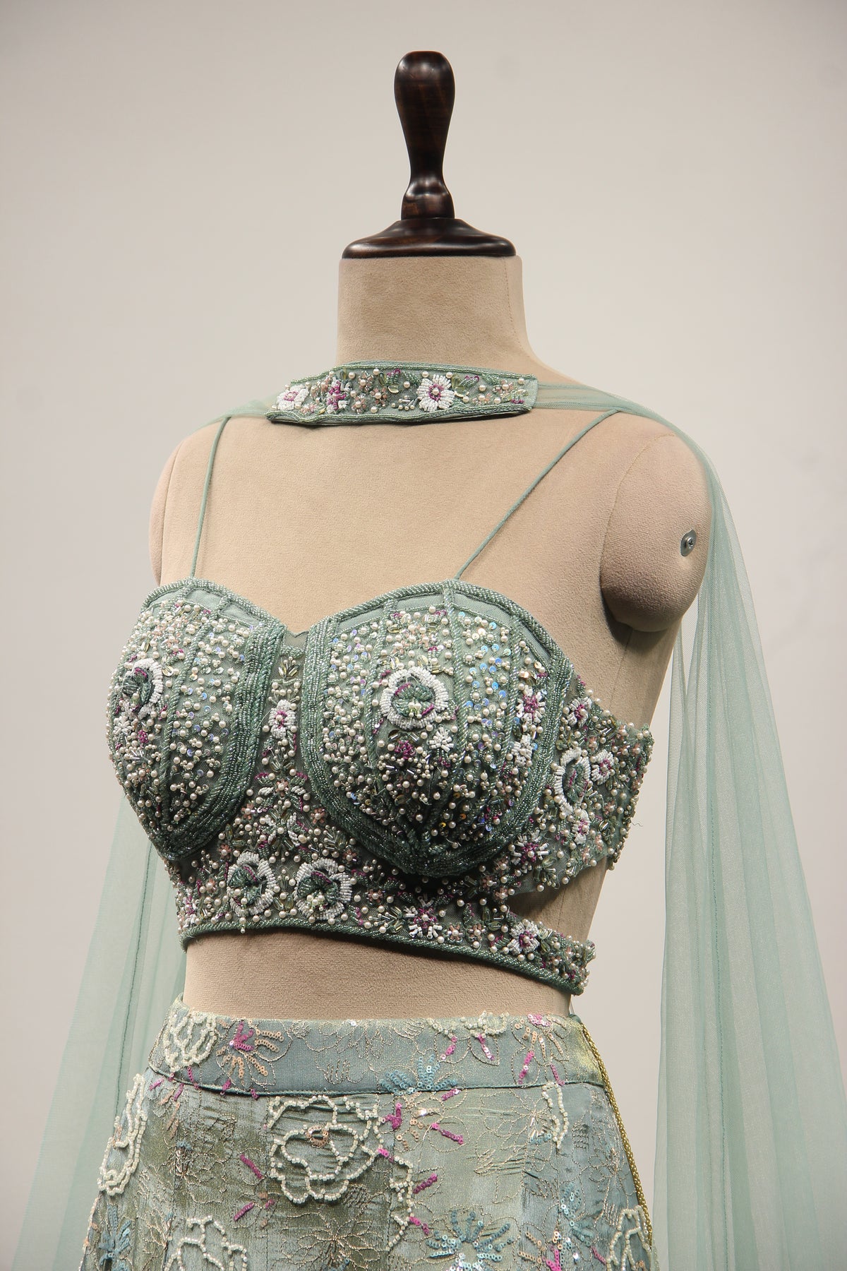 Sea Blue Tissue Lehenga with Pearl & Sequin Handwork Crop Top