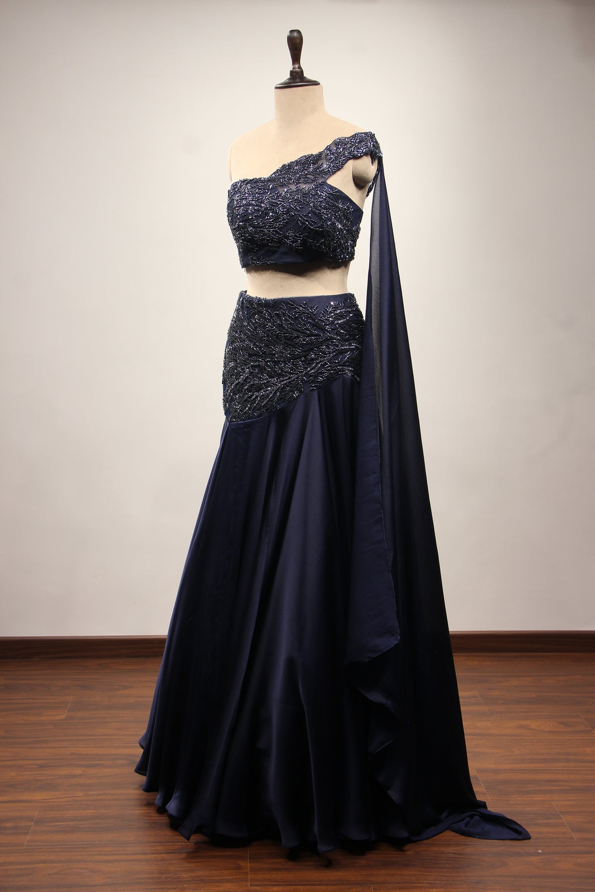 Navy Blue Crepe Lehenga with Off-Shoulder Cut Dana & Bead Handwork