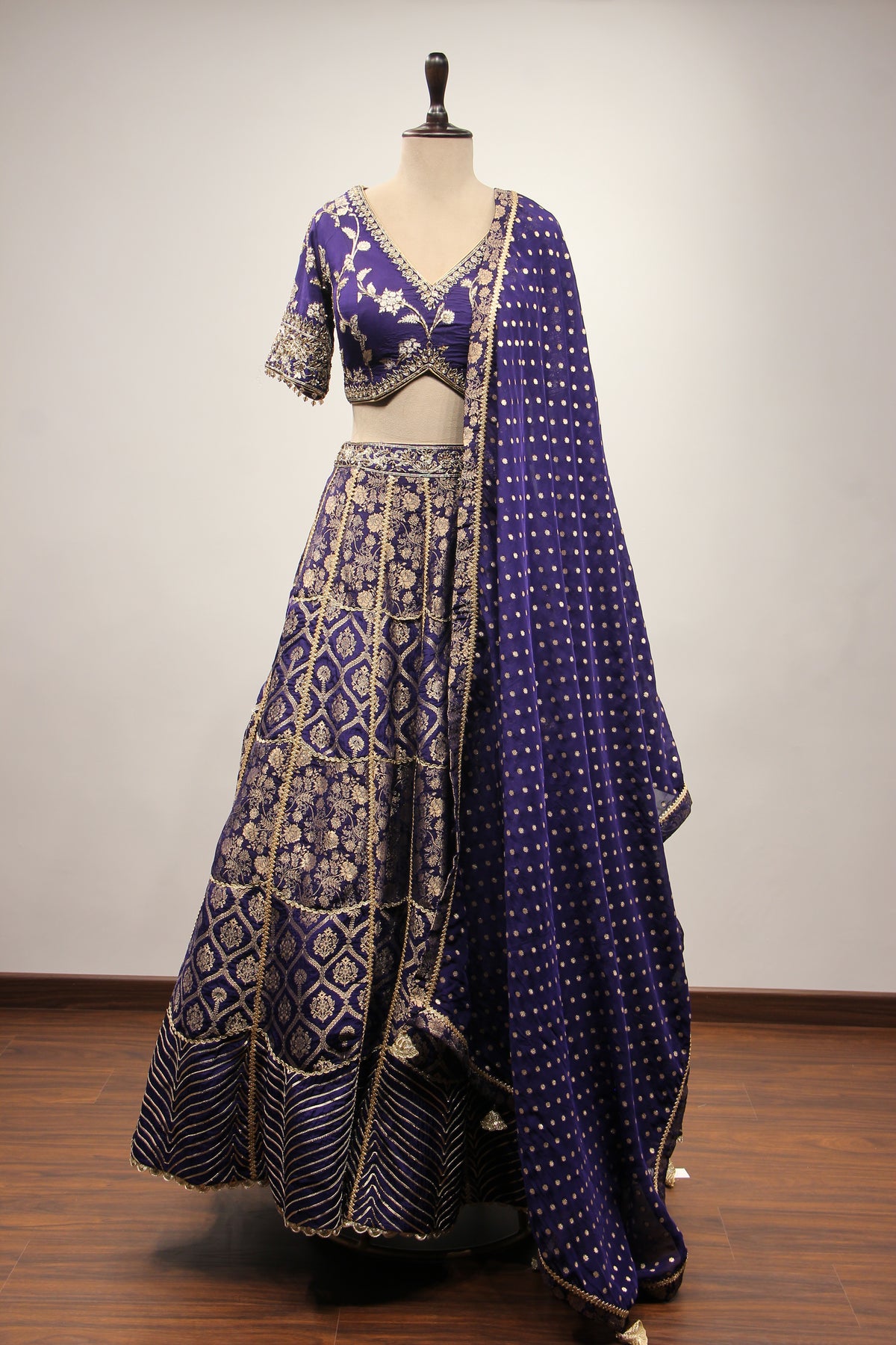 Banarasi Brocade Lehenga with Zari & Zardozi Handwork Crop Top