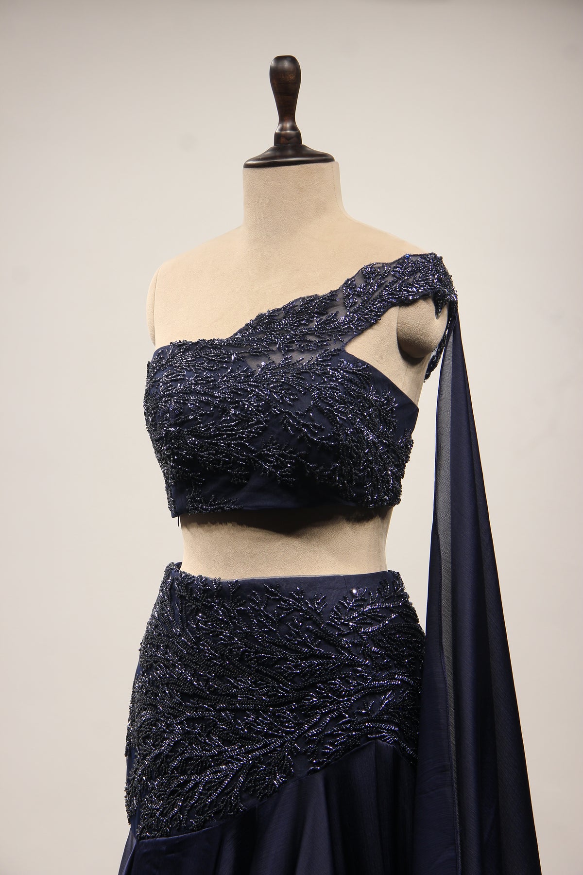 Navy Blue Crepe Lehenga with Off-Shoulder Cut Dana & Bead Handwork