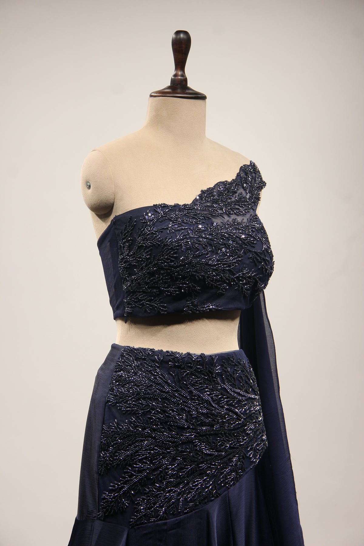 Navy Blue Crepe Lehenga with Off-Shoulder Cut Dana & Bead Handwork