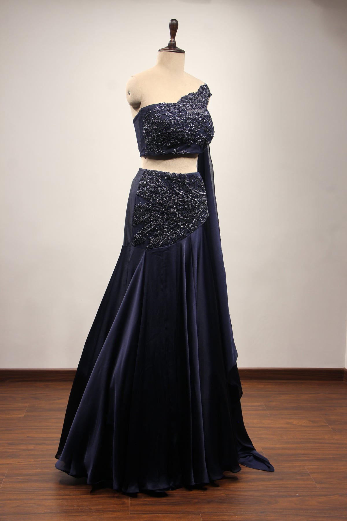 Navy Blue Crepe Lehenga with Off-Shoulder Cut Dana & Bead Handwork