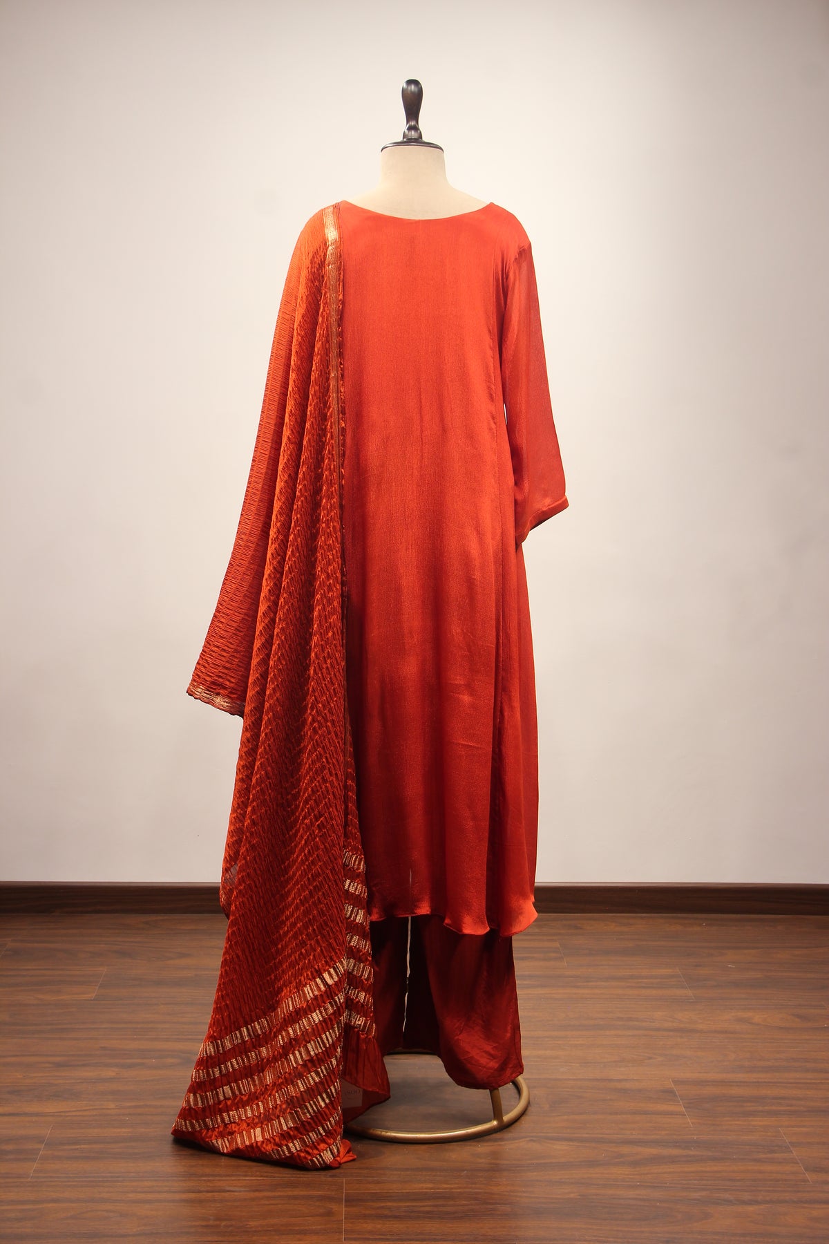 Crepe Short Anarkali Pant Suit with Cut Dana & Sequin Handwork Yoke in Orange – back view