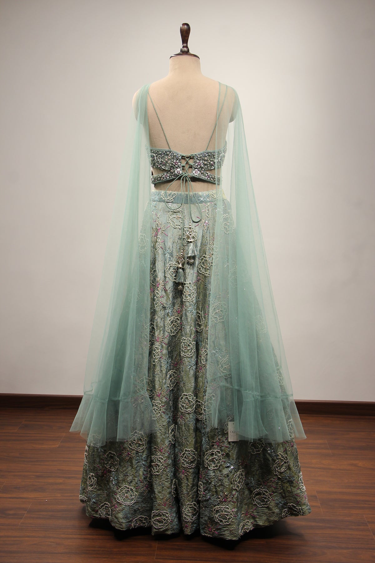 Sea Blue Tissue Lehenga with Pearl & Sequin Handwork Crop Top