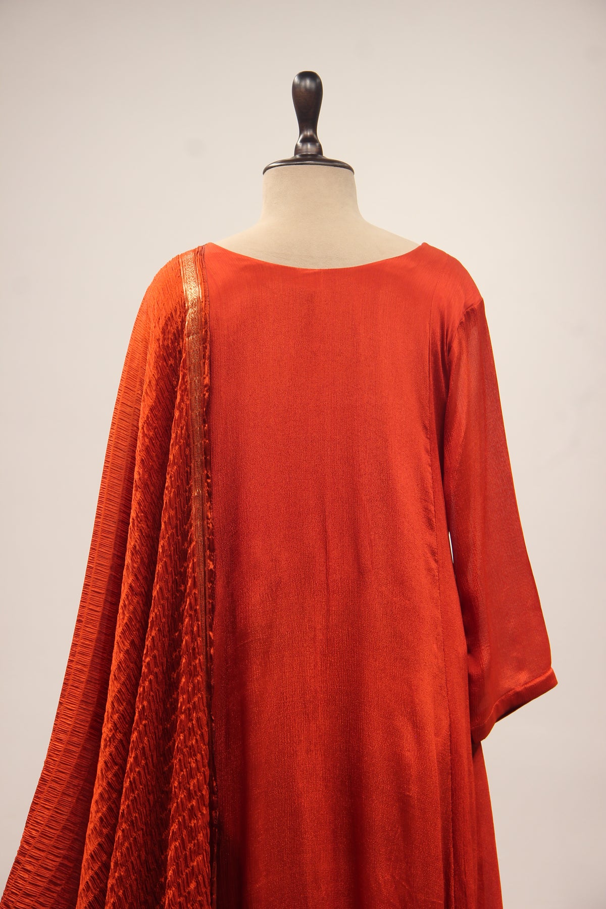Crepe Short Anarkali Pant Suit with Cut Dana & Sequin Handwork Yoke in Orange – back close-up