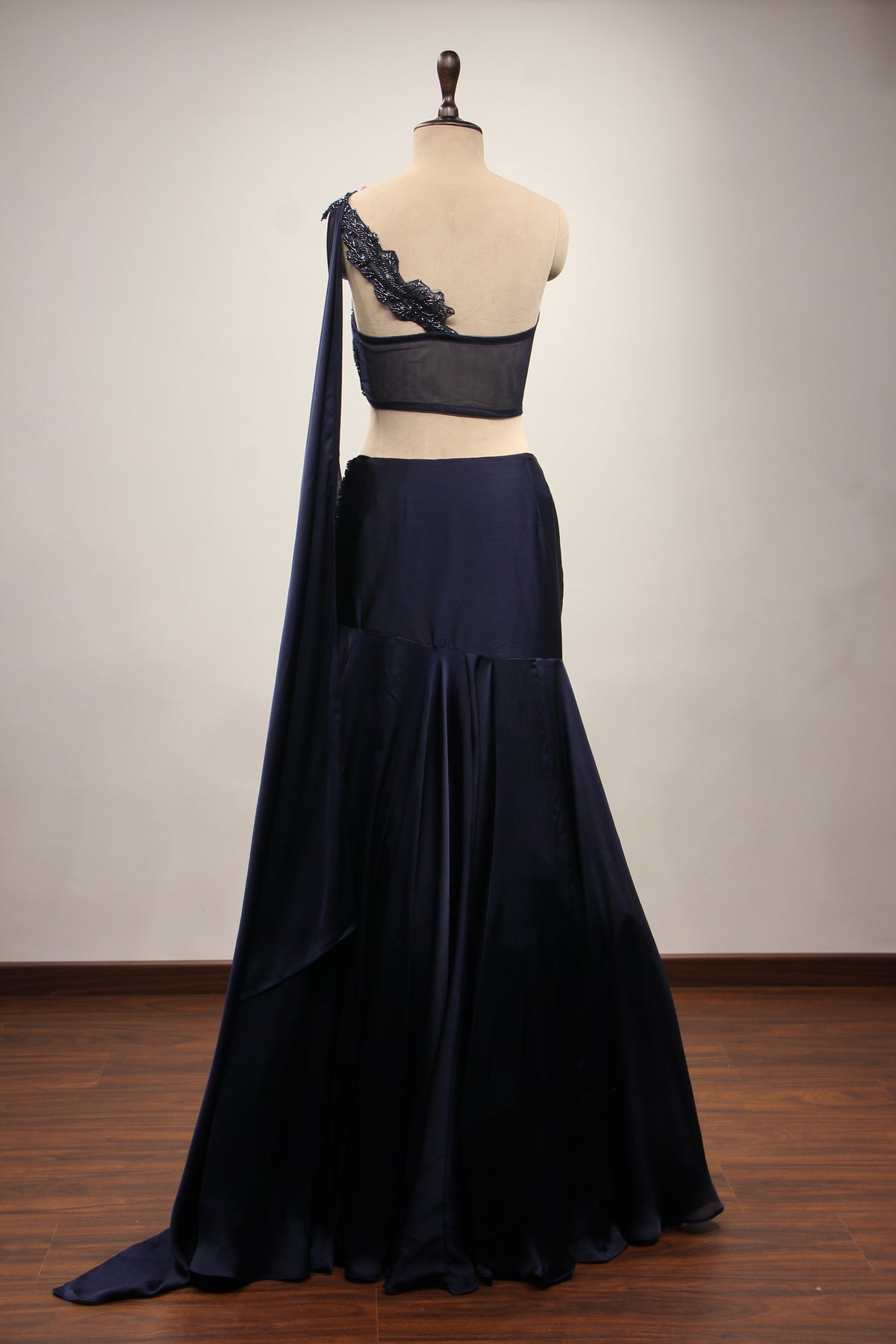 Navy Blue Crepe Lehenga with Off-Shoulder Cut Dana & Bead Handwork