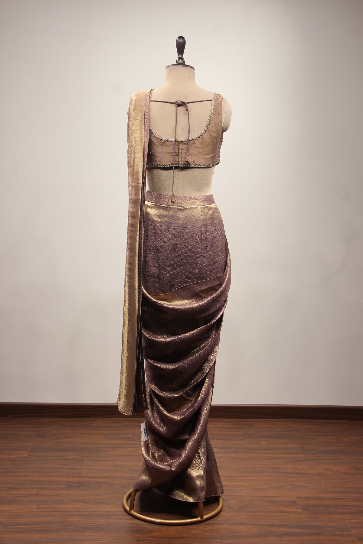 Banarasi Brocade Drape Saree with Zardozi & Cut Dana Handwork Corset in Purple – back view