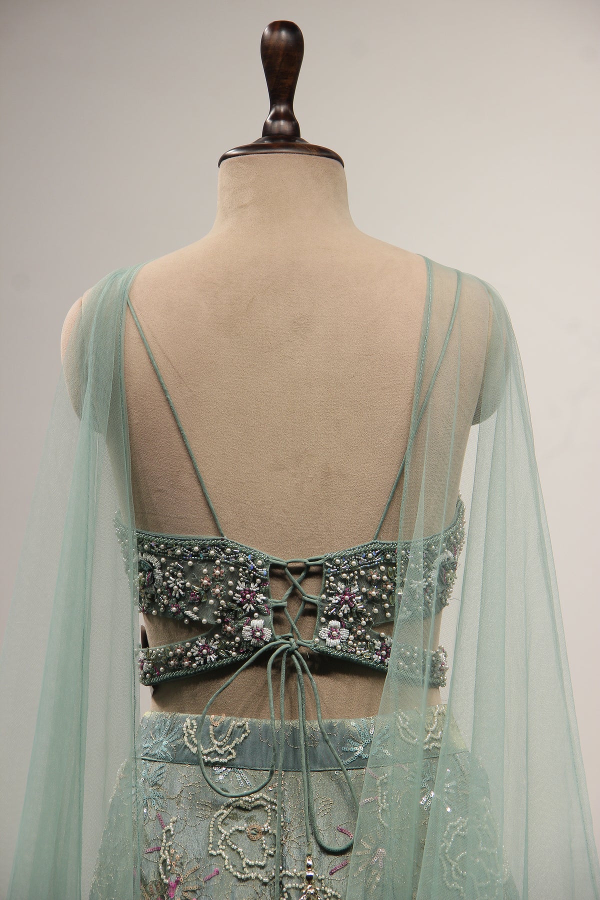 Sea Blue Tissue Lehenga with Pearl & Sequin Handwork Crop Top