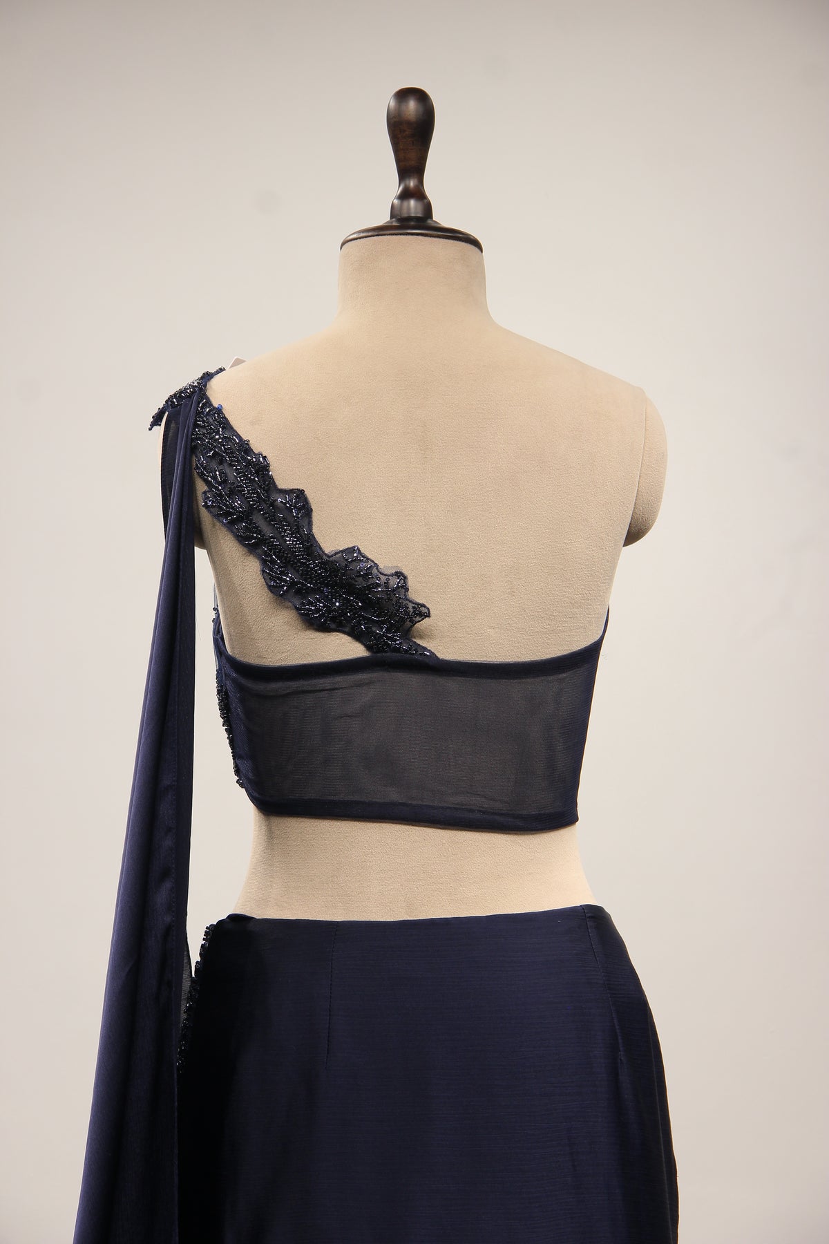 Navy Blue Crepe Lehenga with Off-Shoulder Cut Dana & Bead Handwork