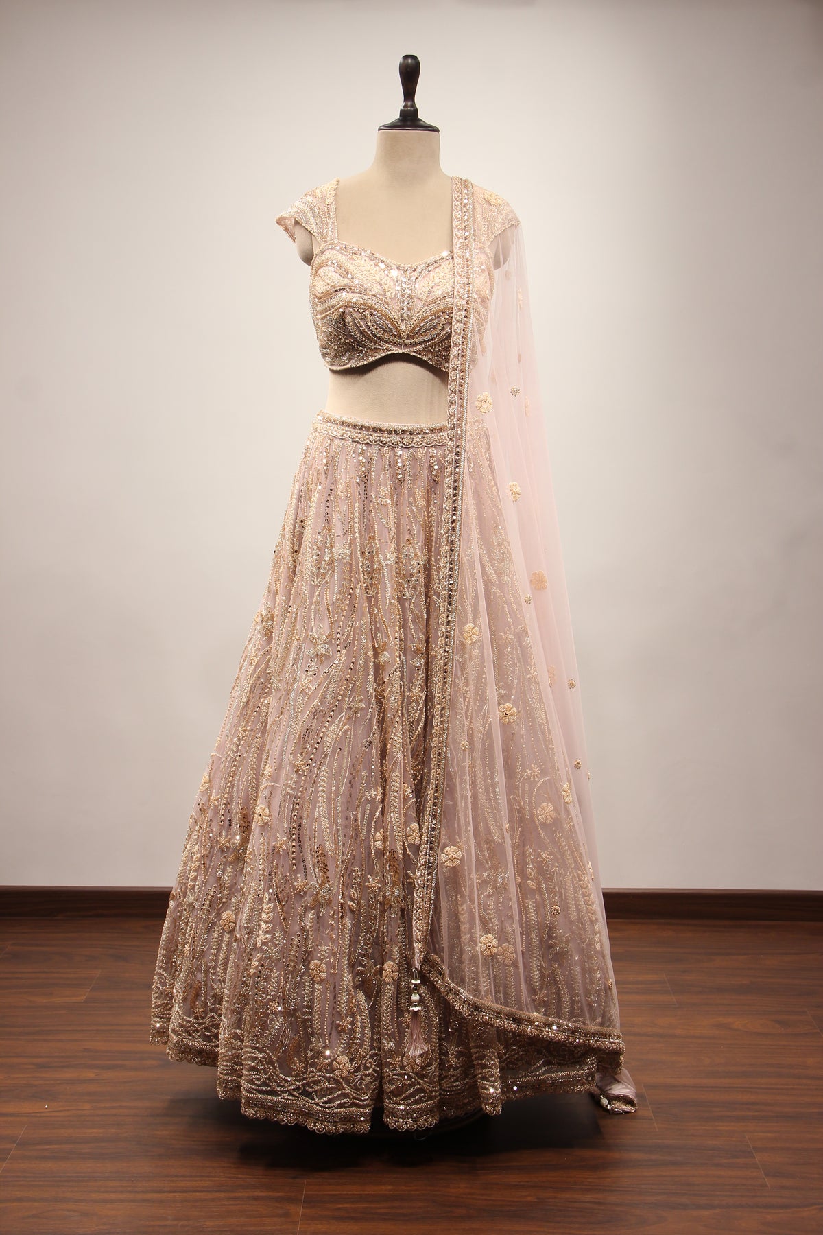 Lilac Net Lehenga with Cut Dana & Sequin Handwork Crop Top