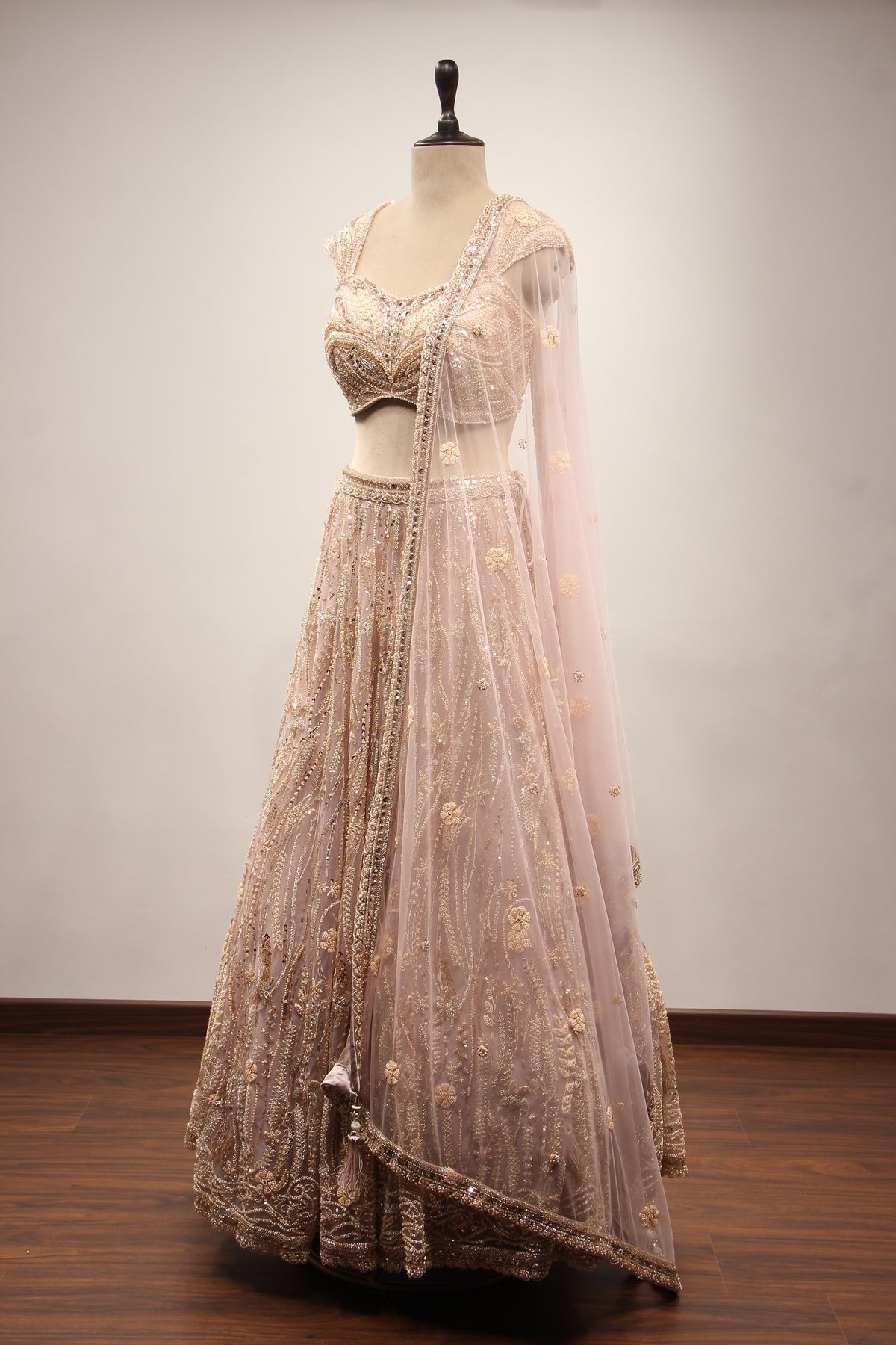 Lilac Net Lehenga with Cut Dana & Sequin Handwork Crop Top