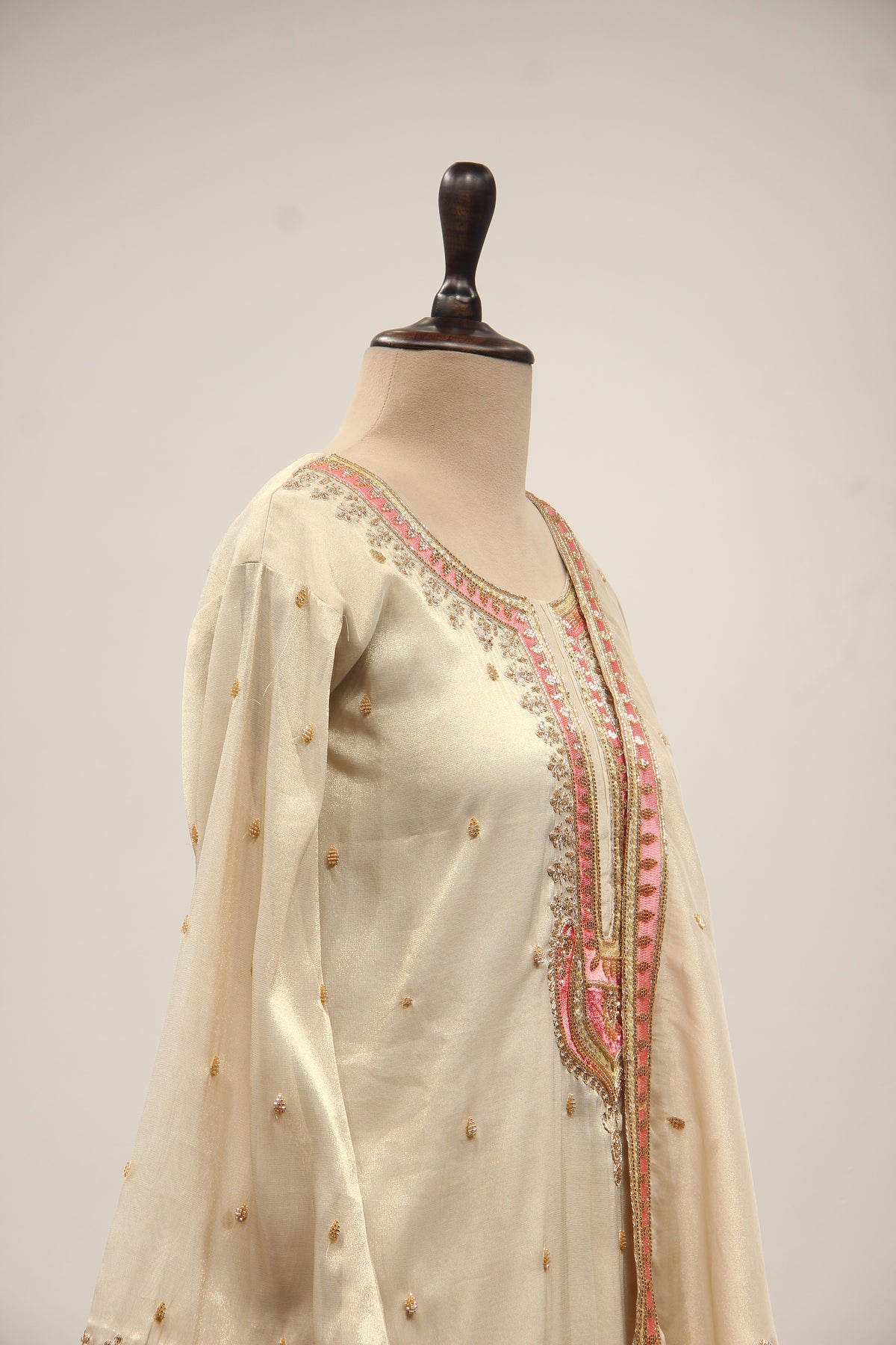 Cream Tissue Sharara Suit with Zari & Zardozi Handwork and Pink Border – side close-up
