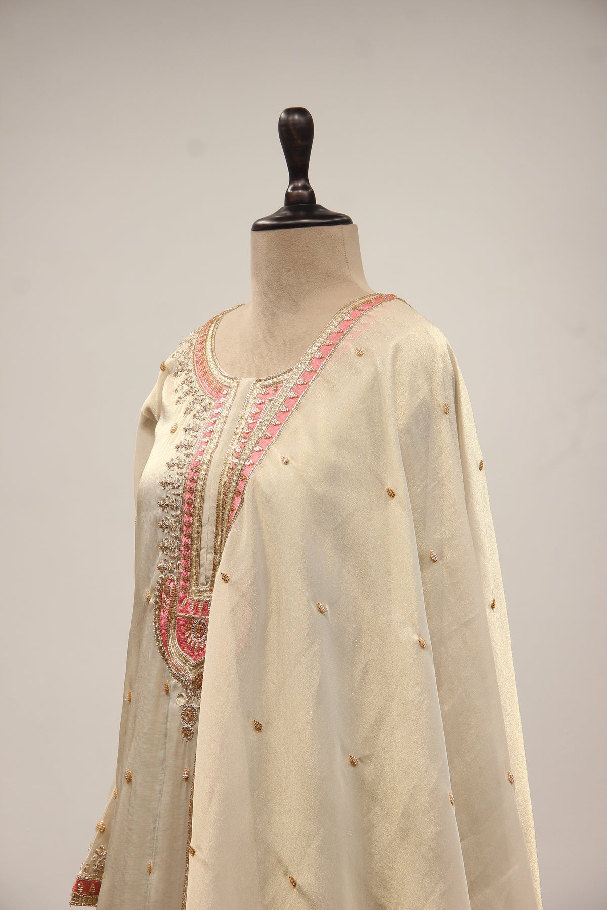 Cream Tissue Sharara Suit with Zari & Zardozi Handwork and Pink Border – other side close-up