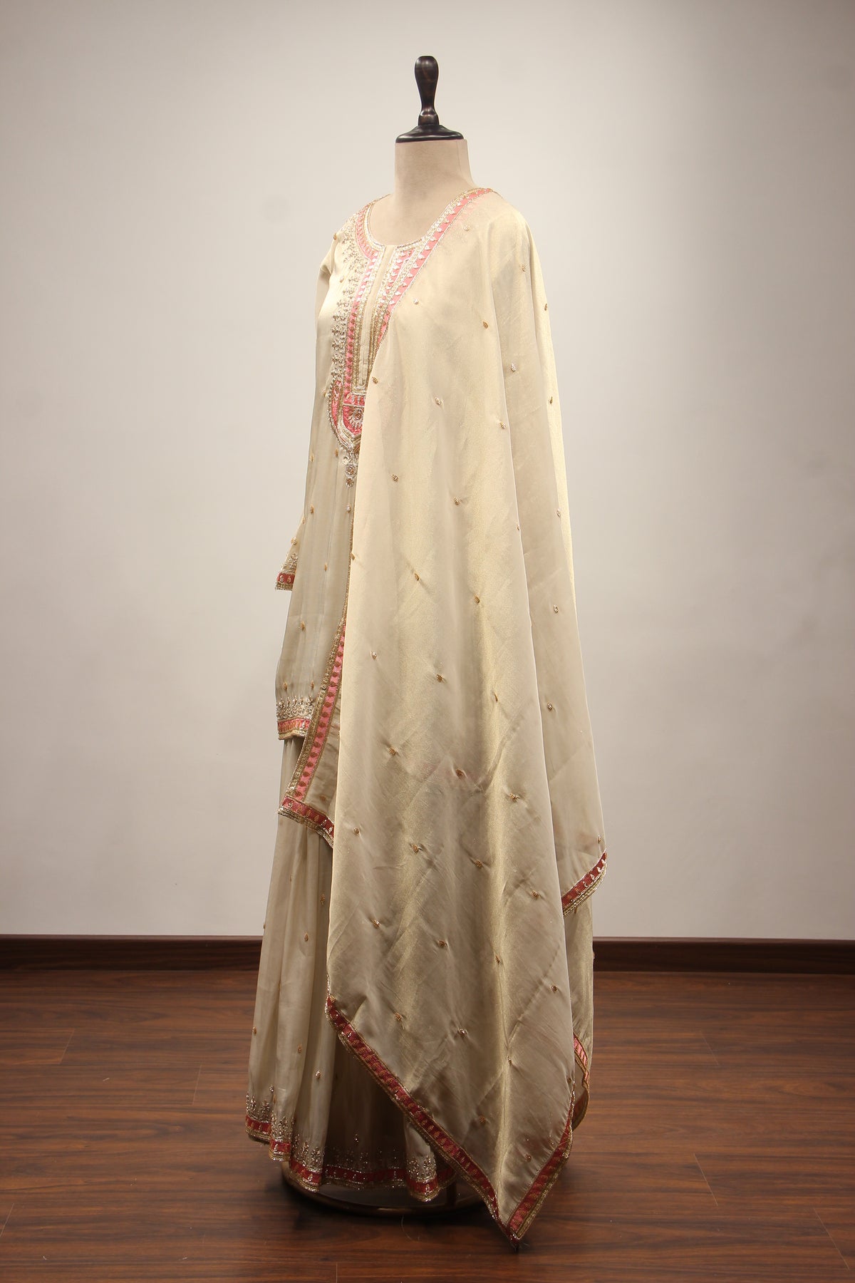 Cream Tissue Sharara Suit with Zari & Zardozi Handwork and Pink Border – other side view