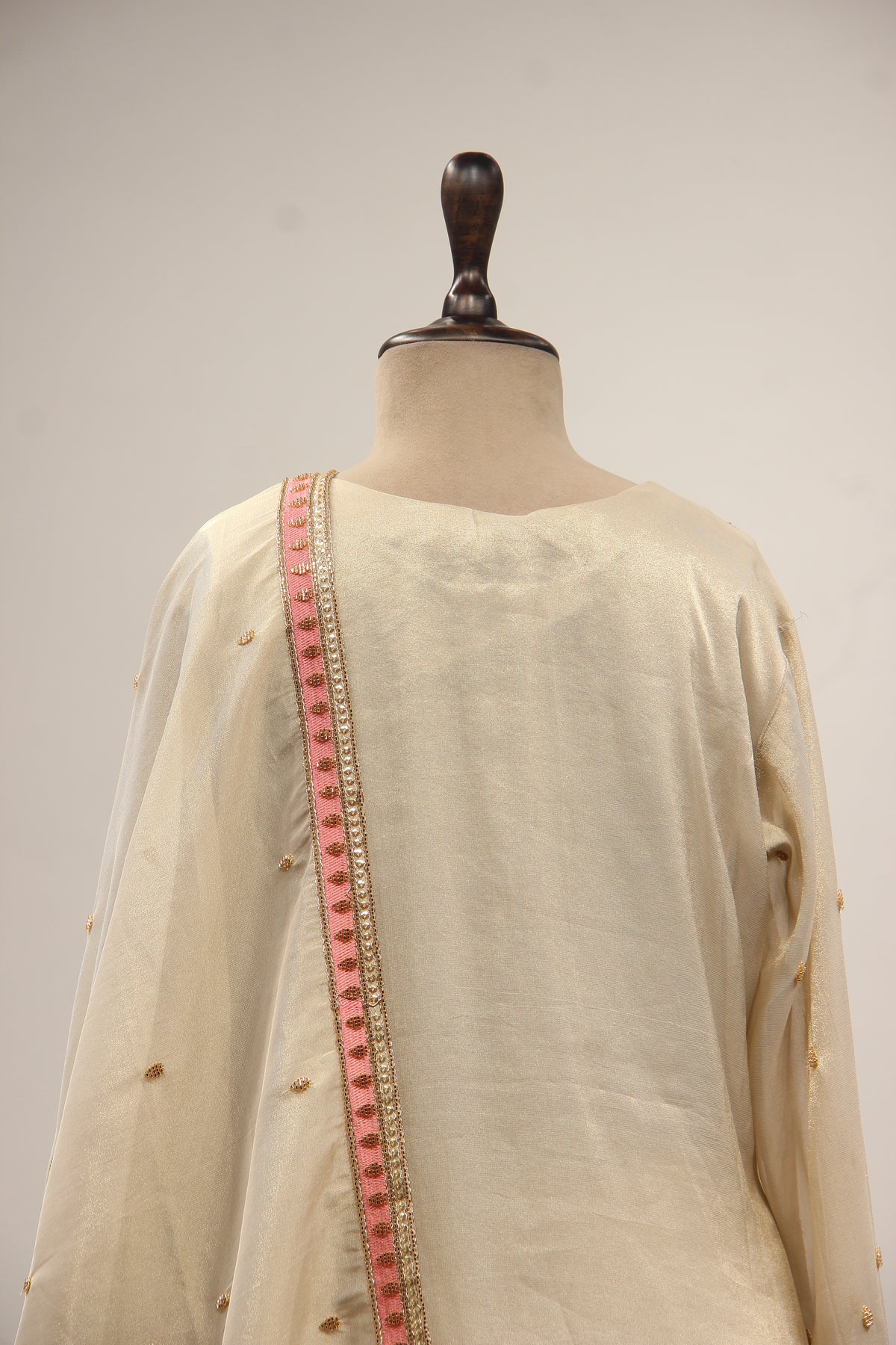 Cream Tissue Sharara Suit with Zari & Zardozi Handwork and Pink Border – back close-up