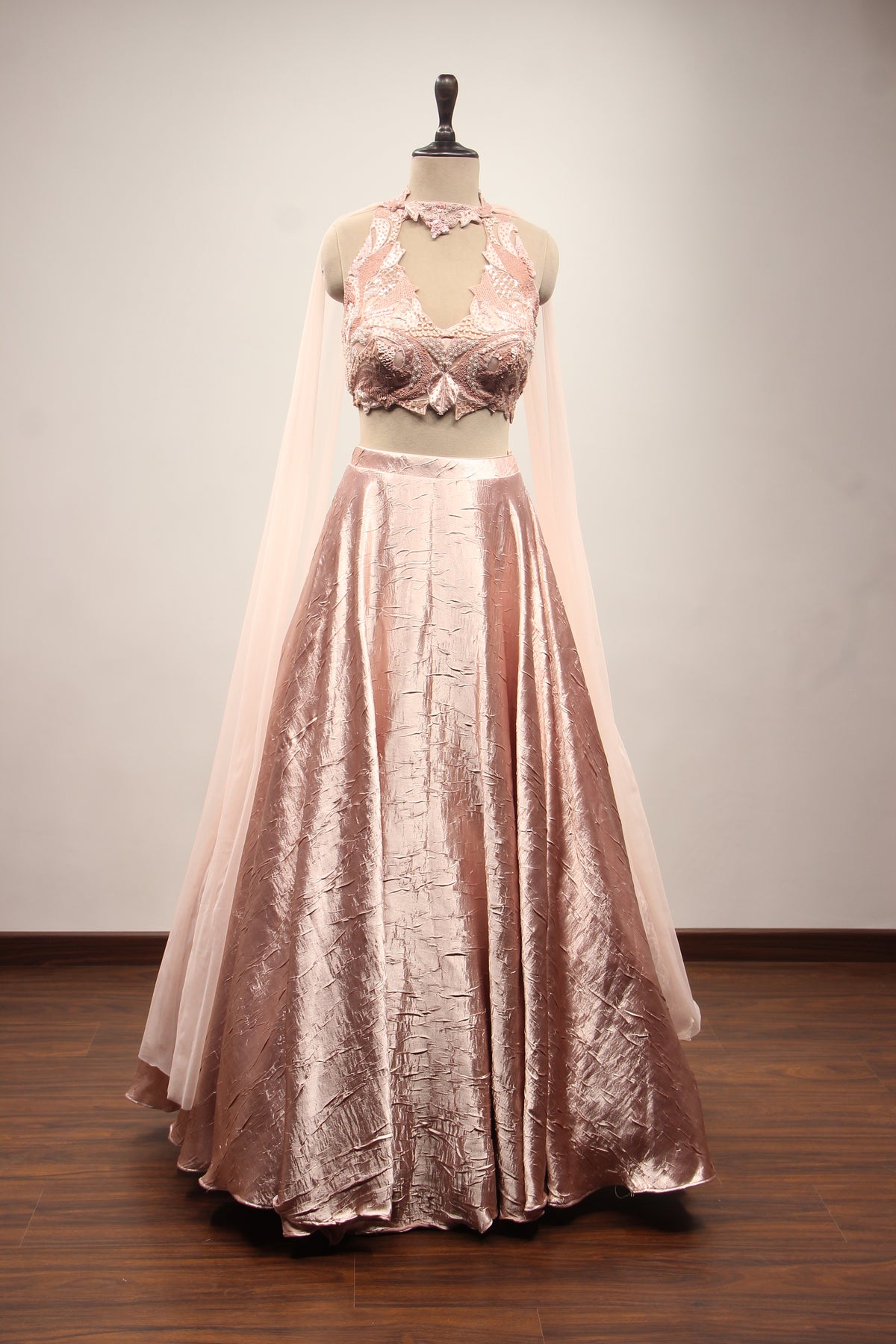 Satin Crush Lehenga with Halter Neck, Sequin & Cut Dana Handwork