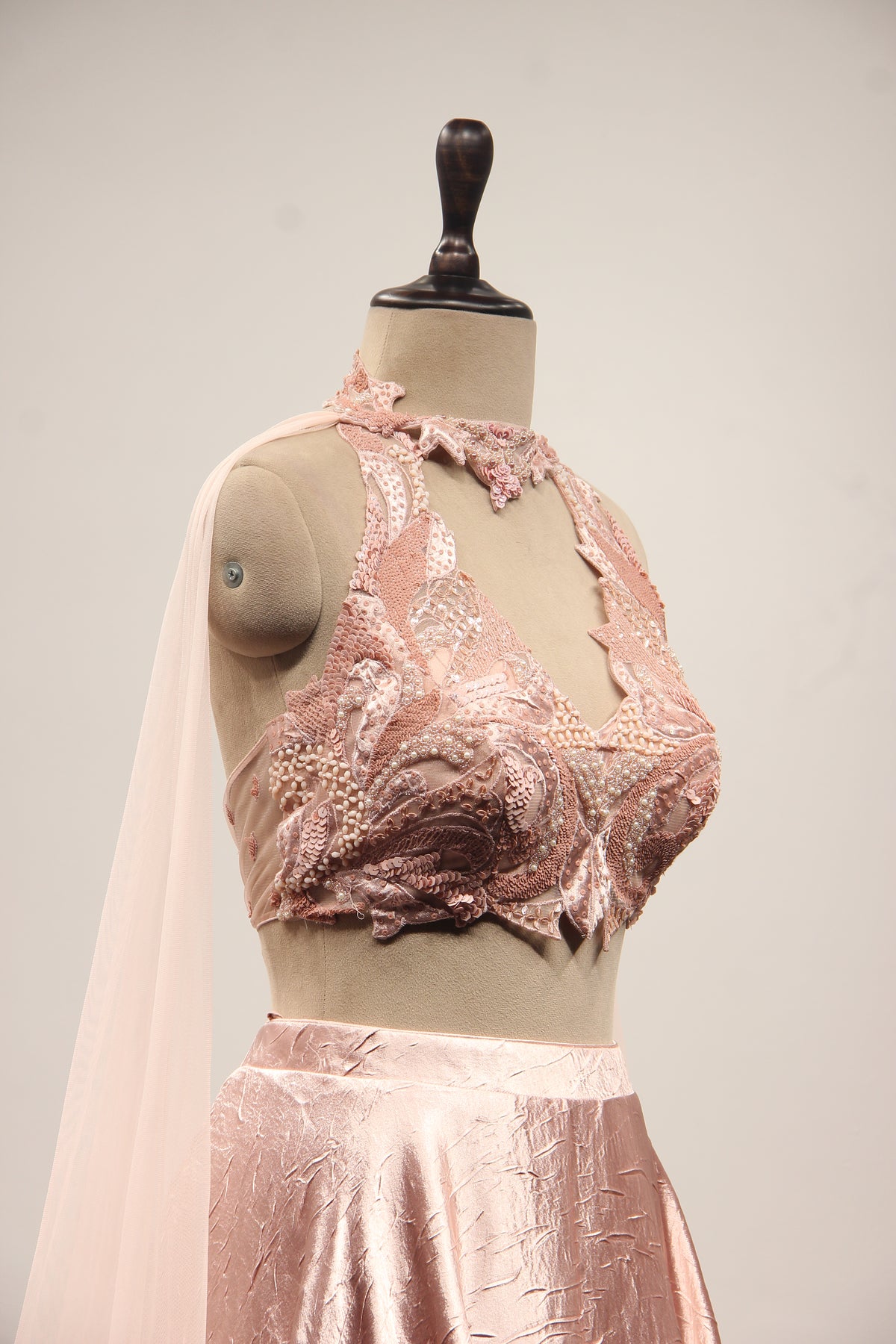 Satin Crush Lehenga with Halter Neck, Sequin & Cut Dana Handwork