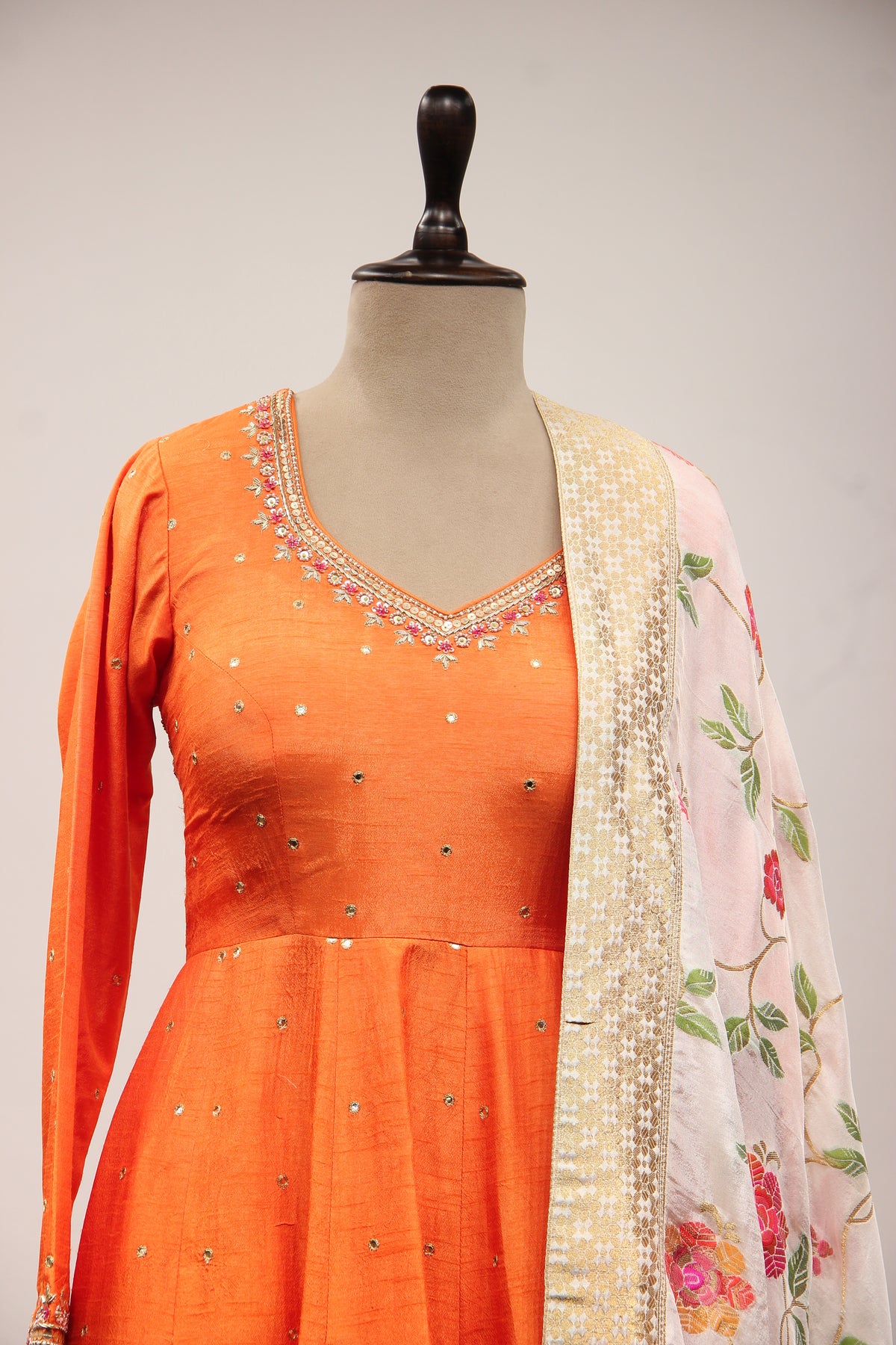 Orange Dupion Short Anarkali Suit with Zardozi Handwork and Mirror Embellishments