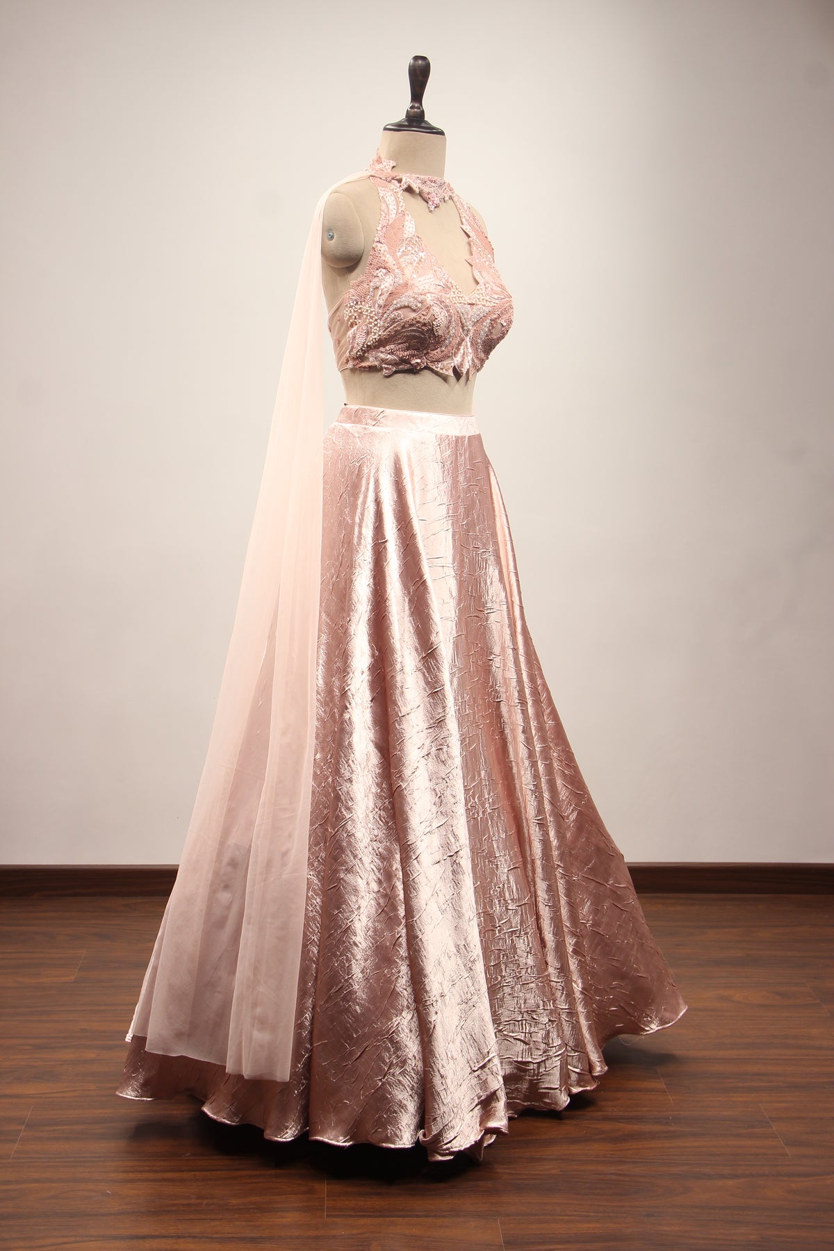 Satin Crush Lehenga with Halter Neck, Sequin & Cut Dana Handwork