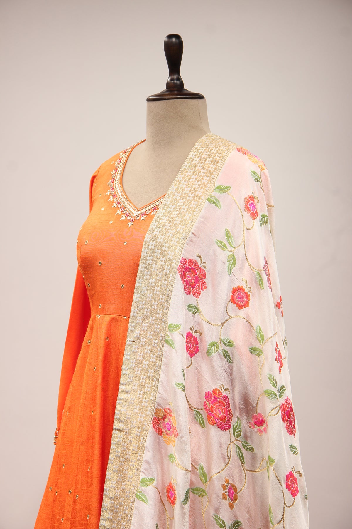 Orange Dupion Short Anarkali Suit with Zardozi Handwork and Mirror Embellishments