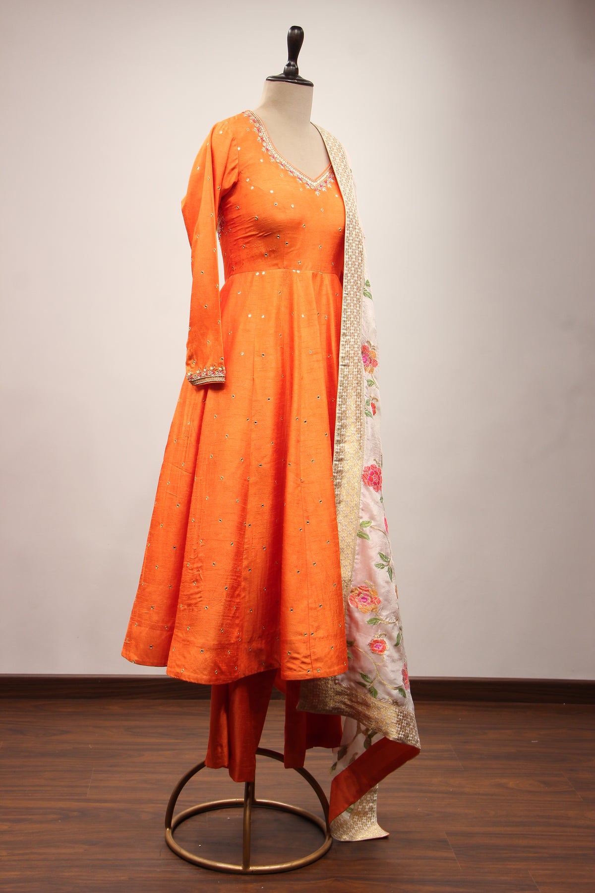 Orange Dupion Short Anarkali Suit with Zardozi Handwork and Mirror Embellishments