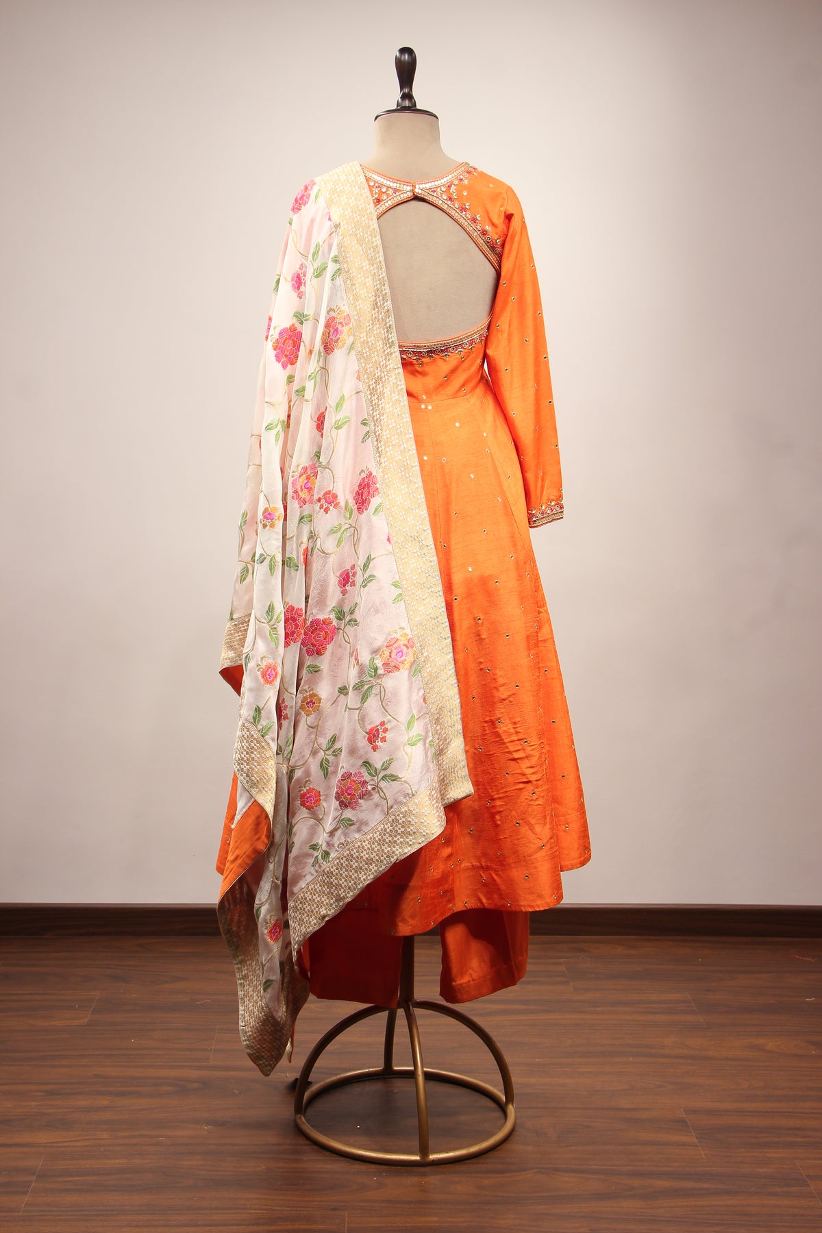 Orange Dupion Short Anarkali Suit with Zardozi Handwork and Mirror Embellishments