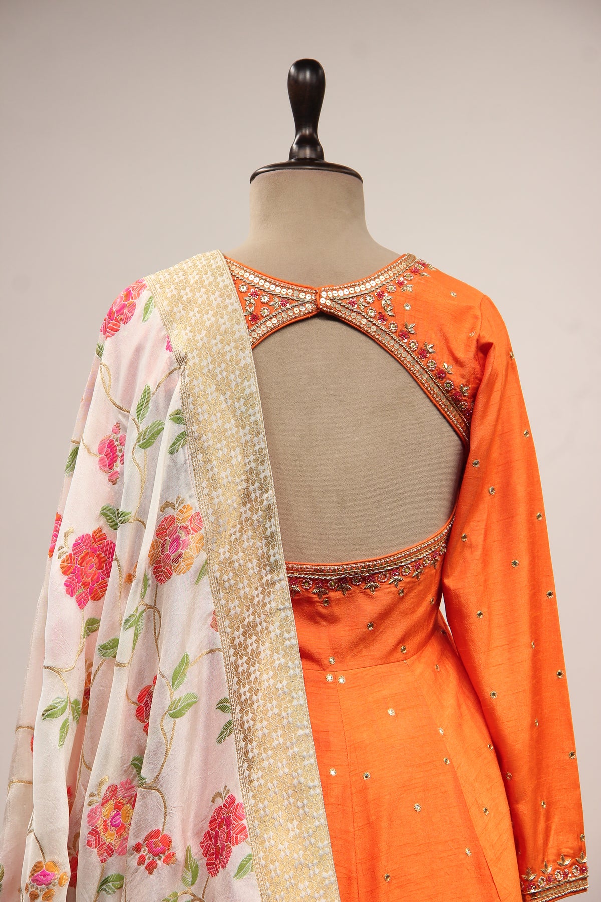 Orange Dupion Short Anarkali Suit with Zardozi Handwork and Mirror Embellishments