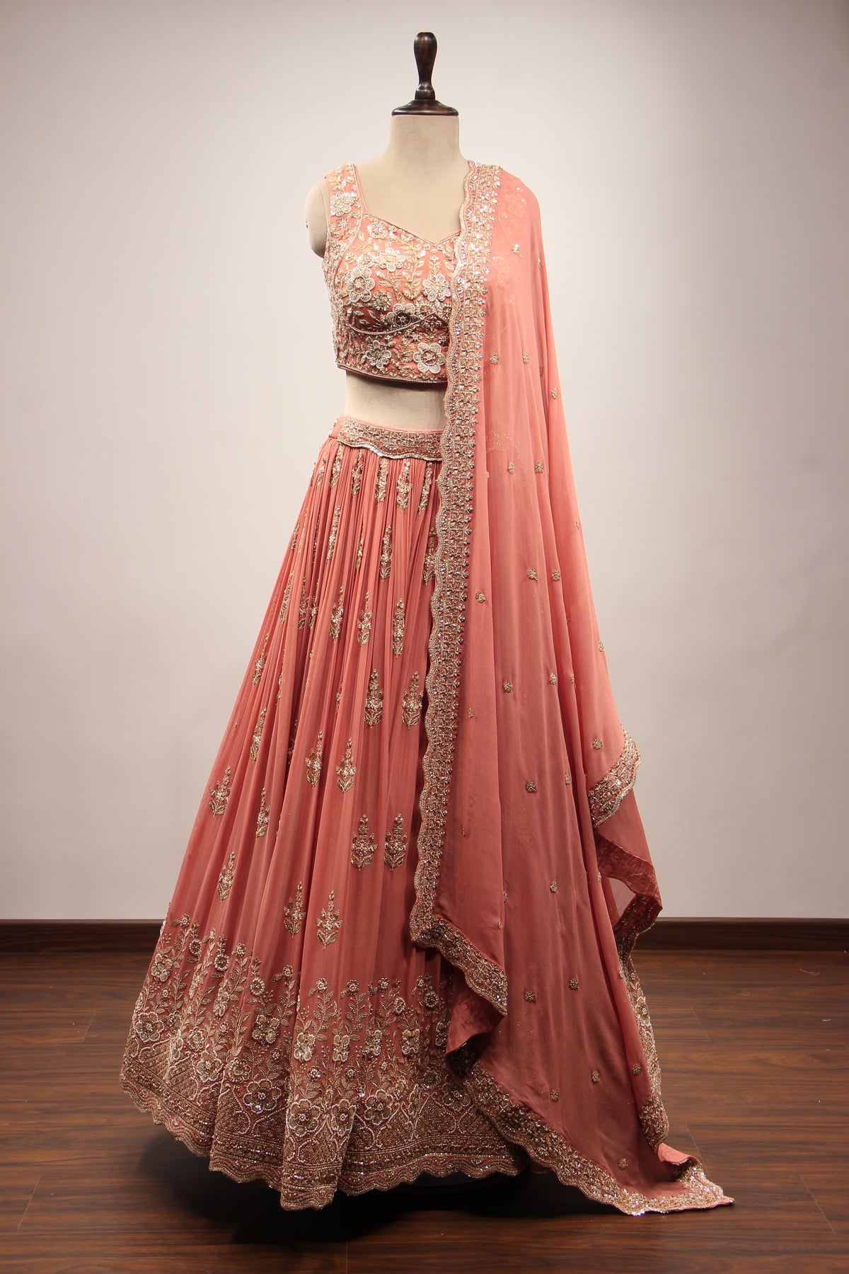 Peach Georgette Lehenga with Embroidery & Cut Dana Handwork Crop Top