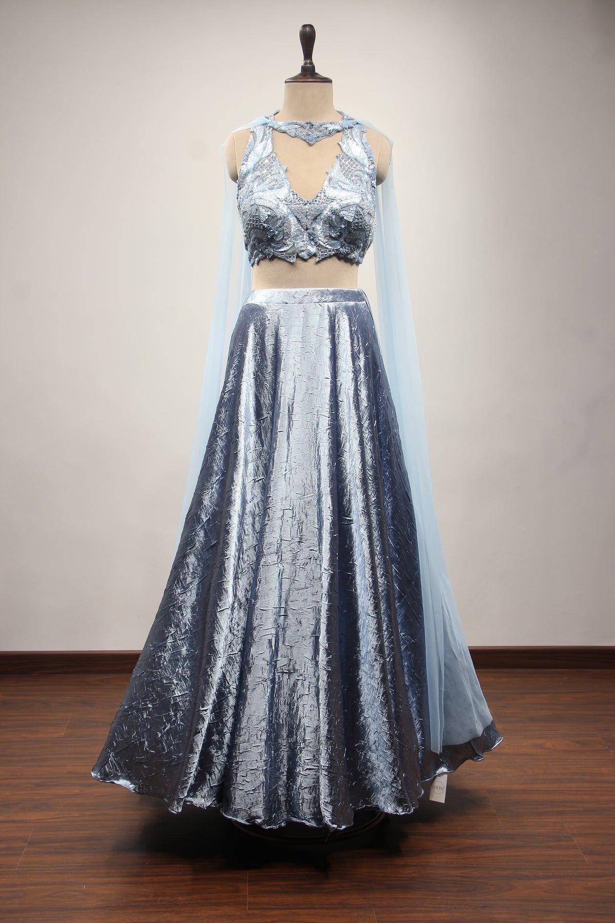 Satin Crush Lehenga with Halter Neck, Sequin & Cut Dana Handwork