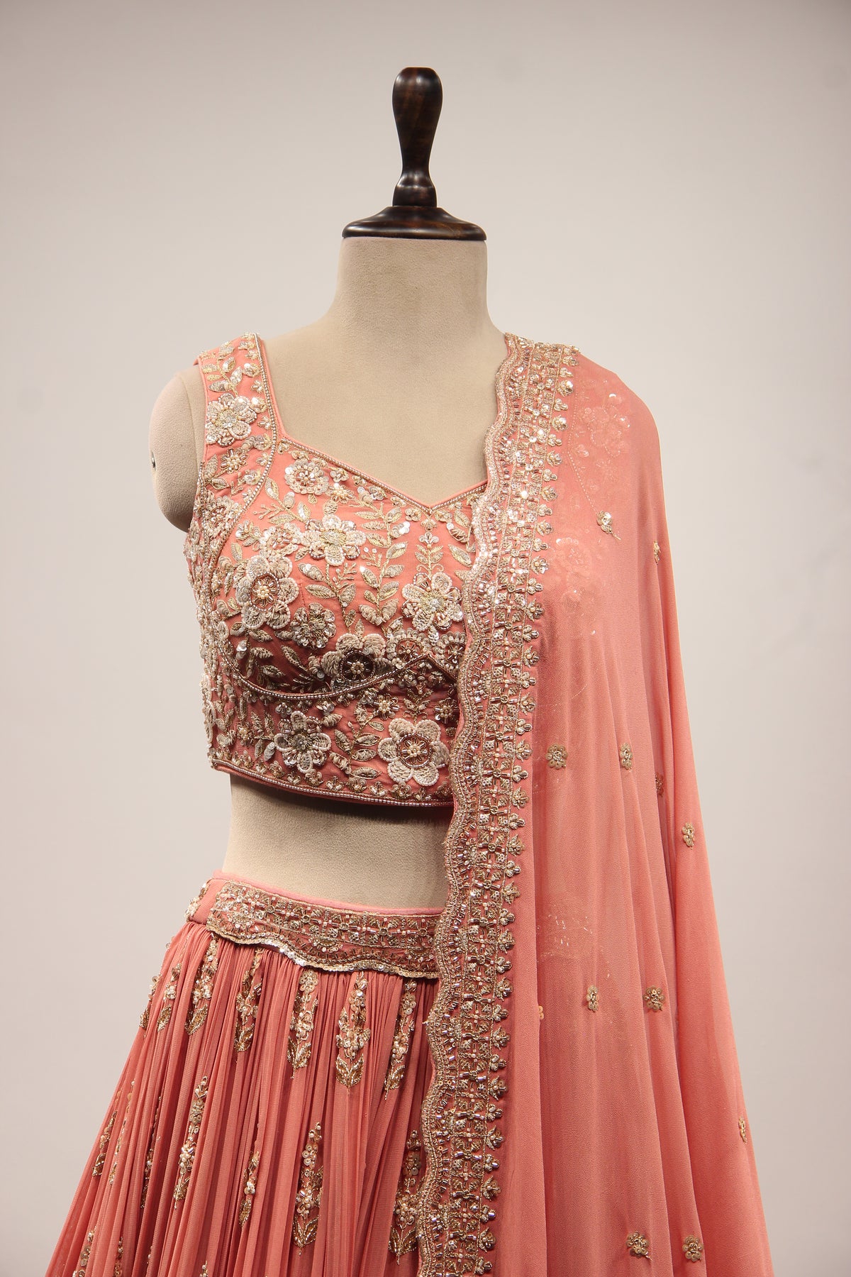 Peach Georgette Lehenga with Embroidery & Cut Dana Handwork Crop Top