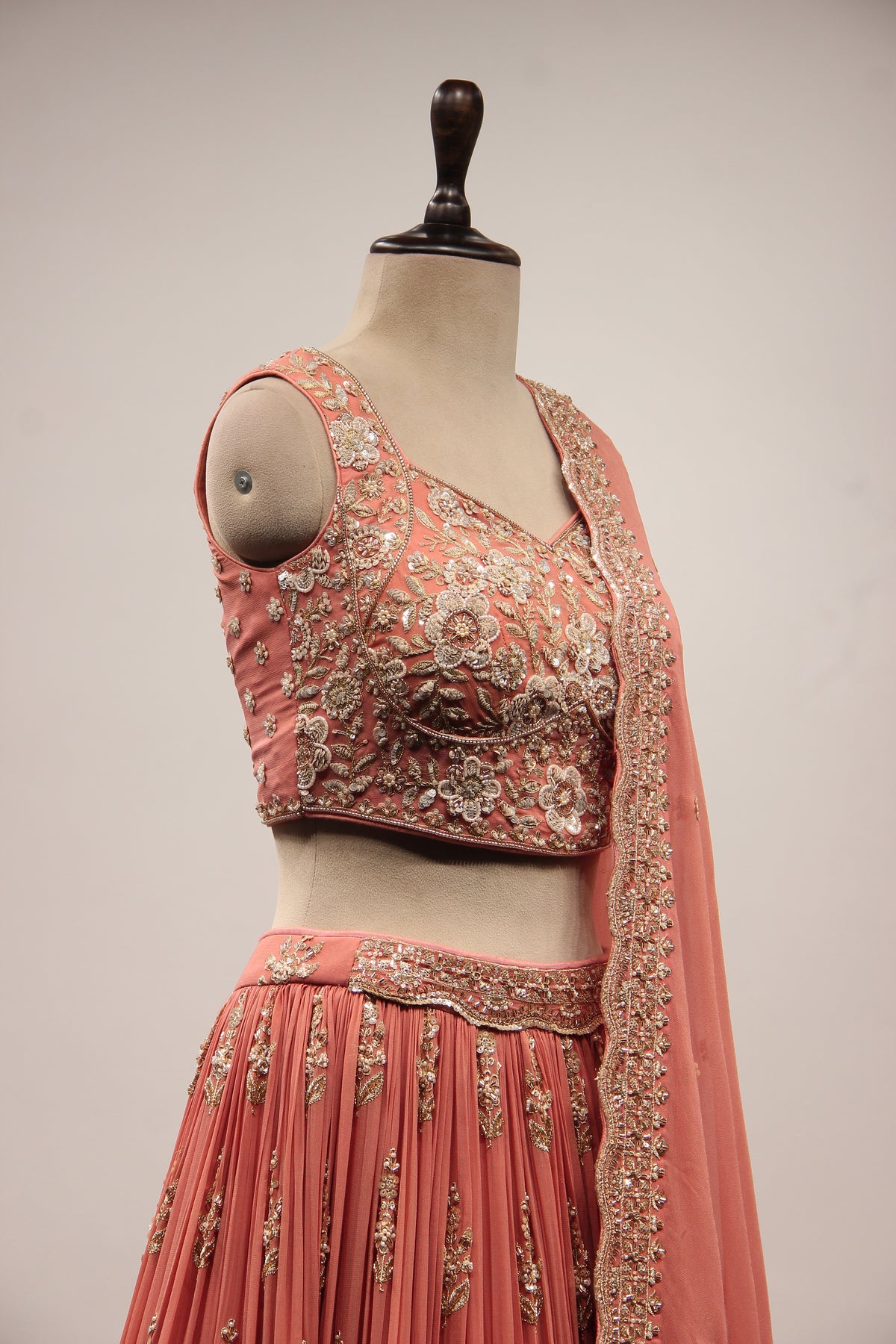 Peach Georgette Lehenga with Embroidery & Cut Dana Handwork Crop Top