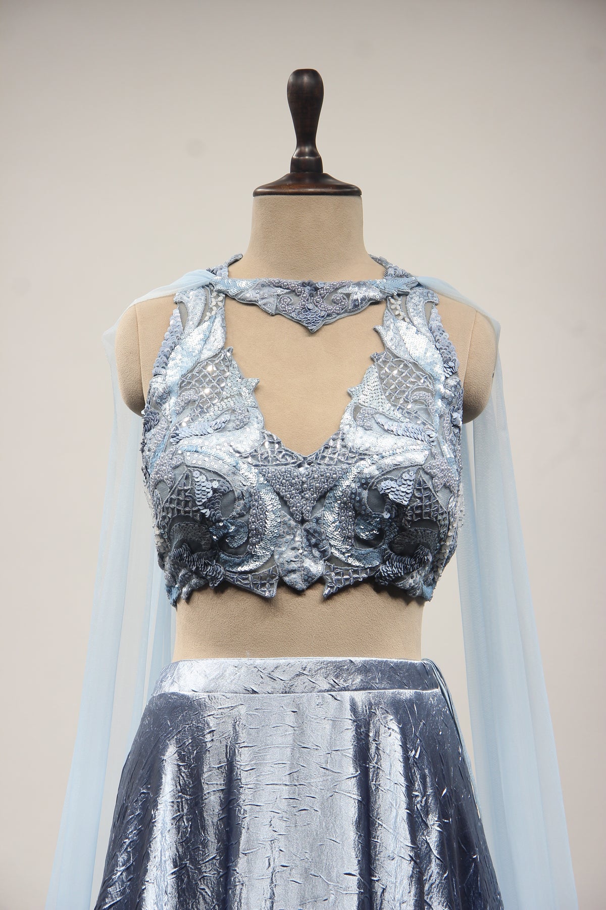 Satin Crush Lehenga with Halter Neck, Sequin & Cut Dana Handwork
