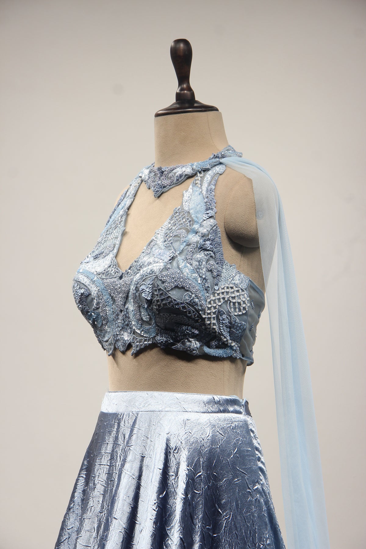 Satin Crush Lehenga with Halter Neck, Sequin & Cut Dana Handwork