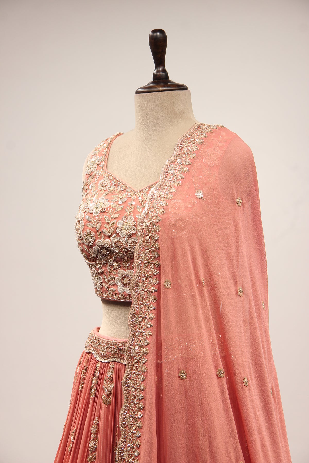 Peach Georgette Lehenga with Embroidery & Cut Dana Handwork Crop Top