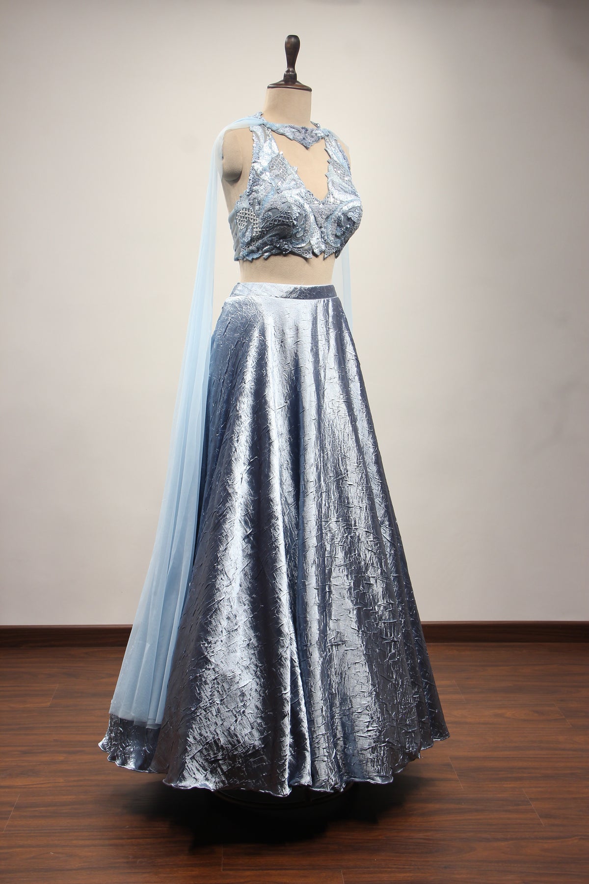 Satin Crush Lehenga with Halter Neck, Sequin & Cut Dana Handwork