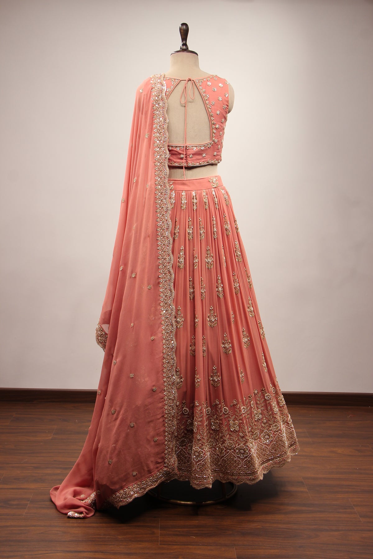 Peach Georgette Lehenga with Embroidery & Cut Dana Handwork Crop Top