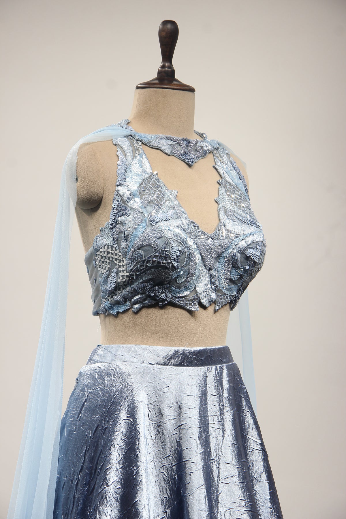 Satin Crush Lehenga with Halter Neck, Sequin & Cut Dana Handwork