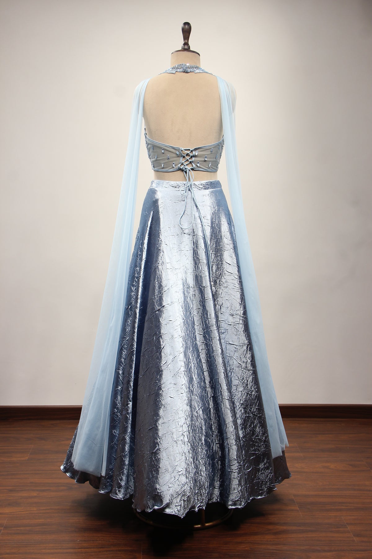 Satin Crush Lehenga with Halter Neck, Sequin & Cut Dana Handwork