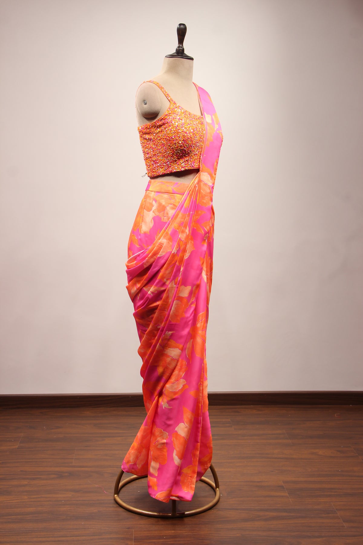 Satin Drape Saree with Cut Dana & Sequin Handwork Crop Top