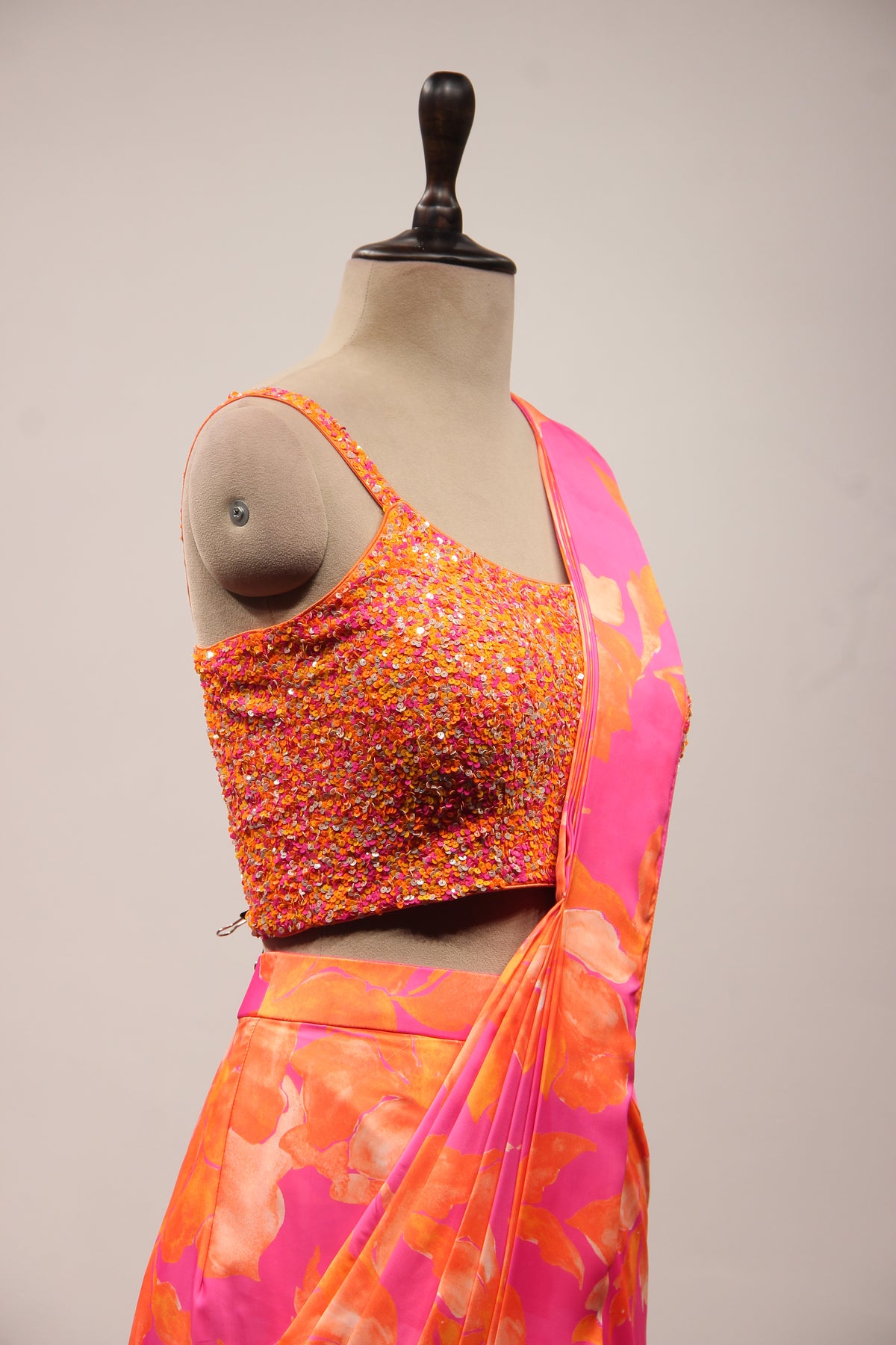 Satin Drape Saree with Cut Dana & Sequin Handwork Crop Top